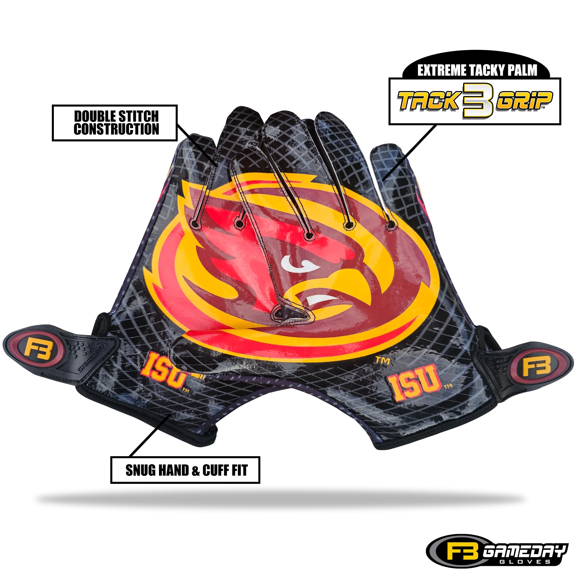 Scale Wear Design Iowa State University ISU Cyclones Football Gloves with Super Stick-Tach Silicone Grip Palms. Men's & Youth Boys Sticky Football Receiver Gloves (Black, Adult-L)