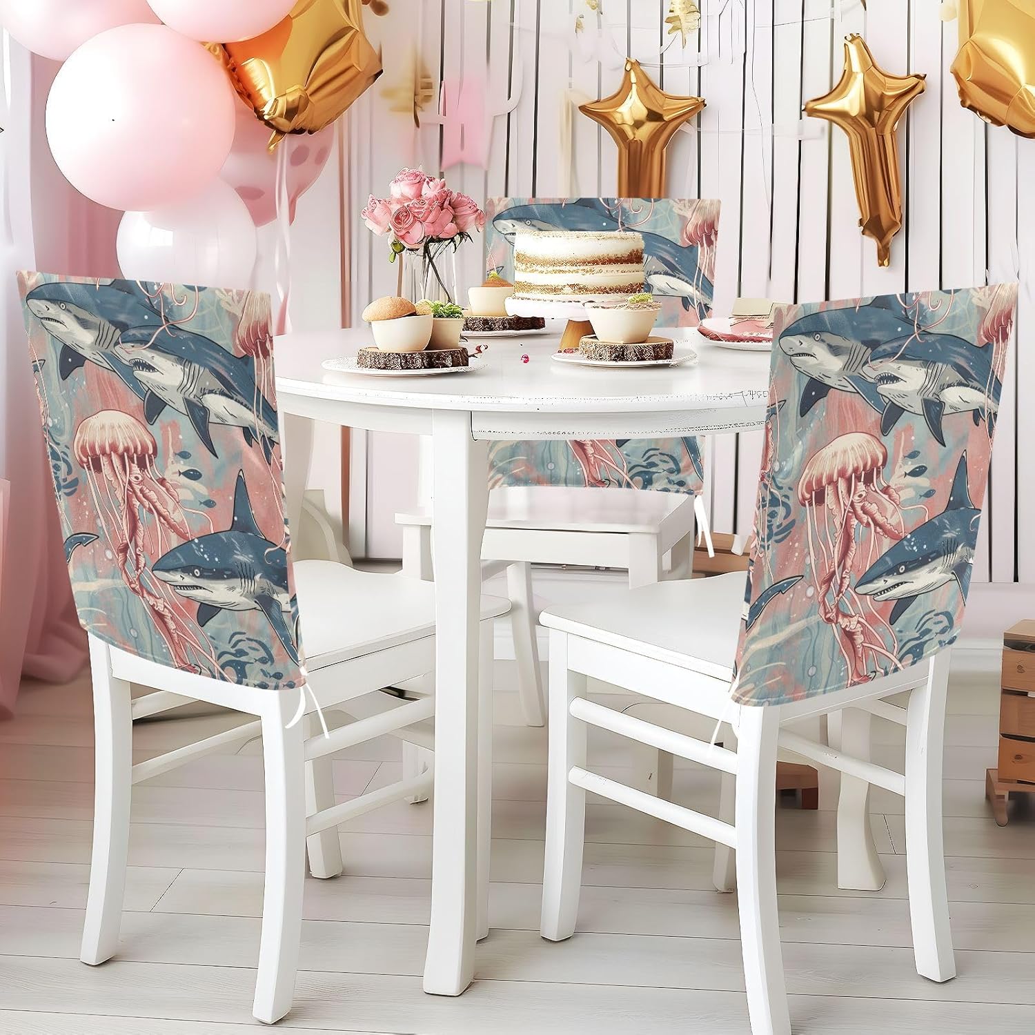 ALAZA Sharks Jellyfish Chair Back Cover Set of 6, Washable Reusable Removable Chair Slipcovers Decorative Chair Cover for Home Kitchen Wedding Party