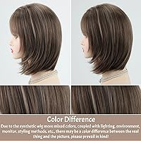 Vista 7 de RENERSHOW - Peluca de pixie corta con flequillo y reflejos castaños, peluca mixta en capas de color marrón y rubio para mujeres, de longitud hasta