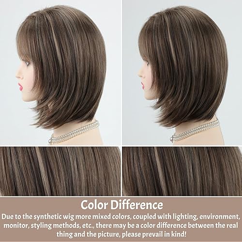 Miniatura 7 de RENERSHOW Peluca corta Pixie Bob con reflejos marrones con flequillo en capas marrón mezcla rubia pelucas para mujer, peluca sintética recta de