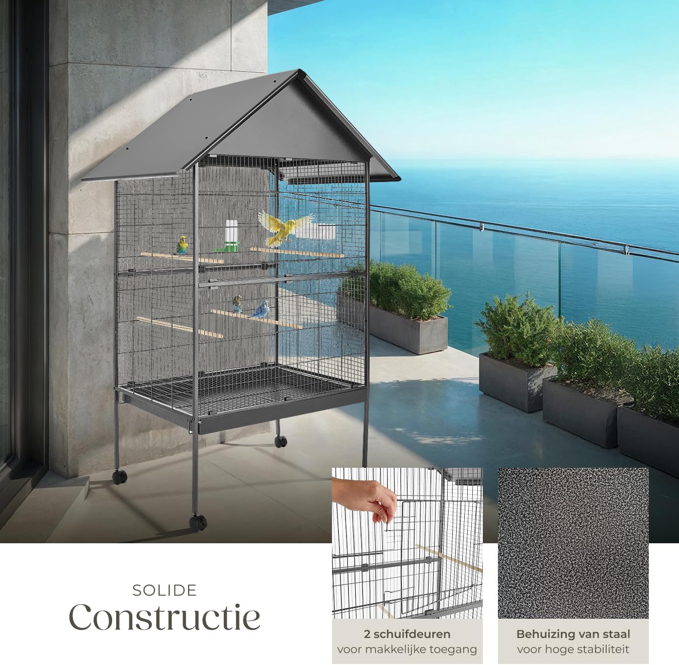 Tectake Bird Cage on a balcony, showing a close-up of the sliding doors and the textured powder-coated steel material.