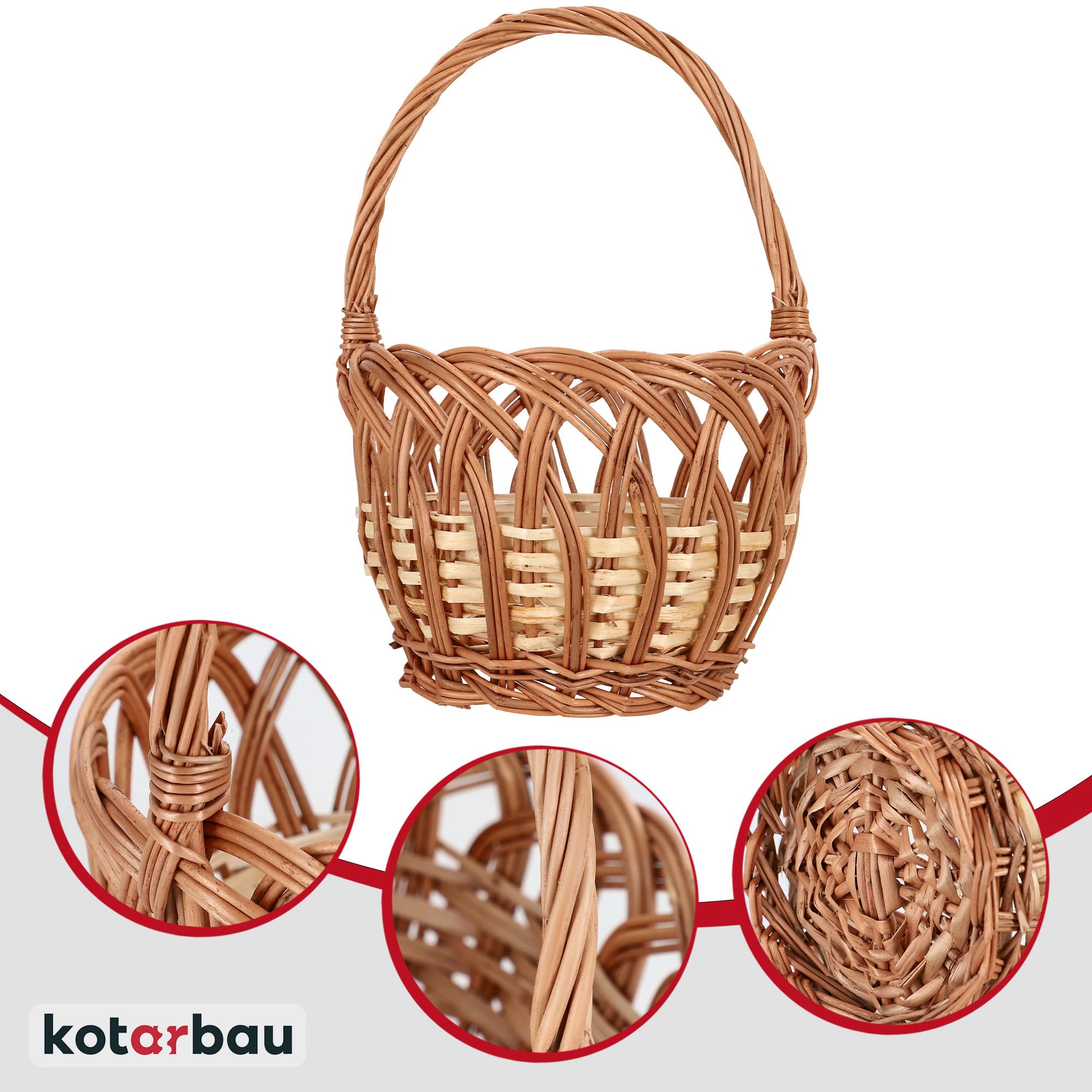 KOTARBAU Cestino per la spesa in vimini rotondo marrone naturale 250 x 170 mm con manico intrecciato in vimini per lo shopping e per picnic | Cesto decorativo per bambini