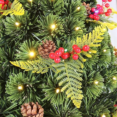 Miniatura 4 de Árbol de Navidad falso de fibra óptica preiluminado de 5 pies con 184 luces LED, 180 puntas de rama, 26 juegos de piñas y bayas rojas, 8 modos de