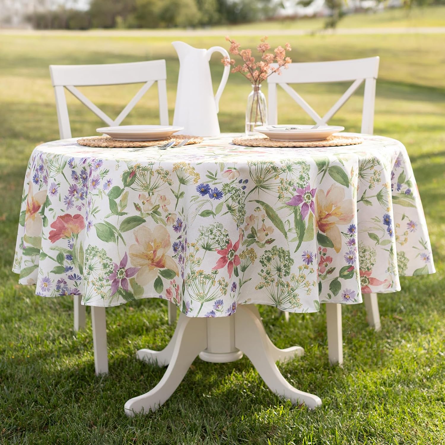 Benson Mills Floral Spring/Summer Durable Heavyweight Fabric Indoor Outdoor Tablecloth, Washable Table Cloth for Round Tables, Picnic/Patio Table Covers (70" Round, Antonia)
