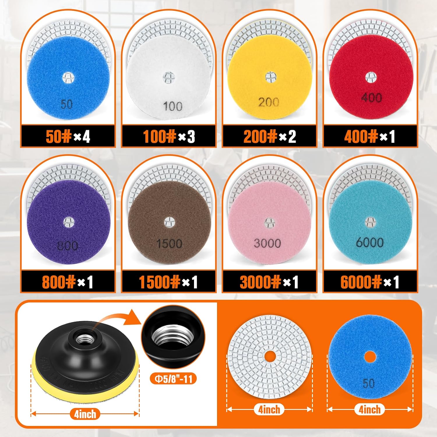 19pcs Diamond Polishing Pads 50-8000 Grit, Upgraded 4 Inch Diamond Sanding Pads Kit for Marble Stone Granite Concrete Tile, Granite Polishing Pads for Wet/Dry Use