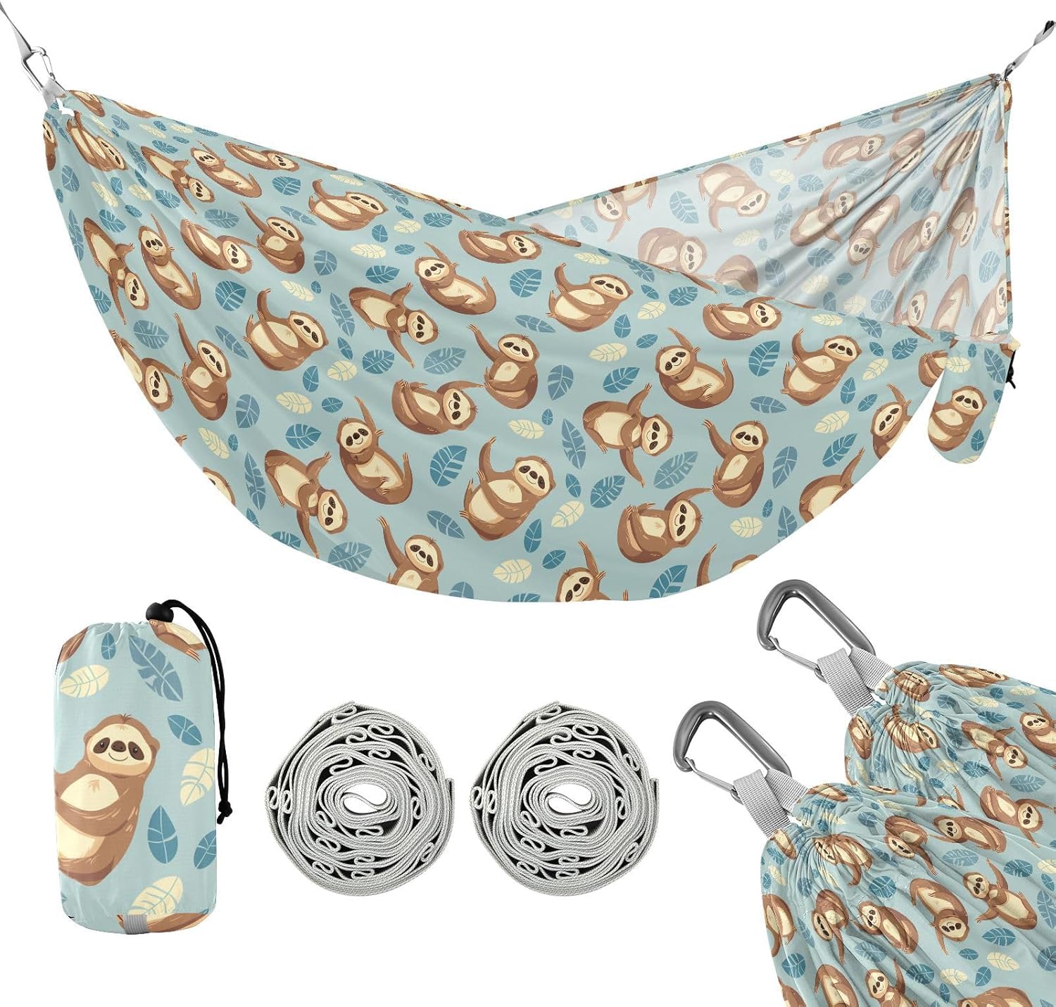 ALAZA Sloth Leaves Camping Hammocks Single or 2 Person 500 lbs Portable Parachute Travel Hammock w/Tree Straps for Hiking Backpacking Indoor Outdoor