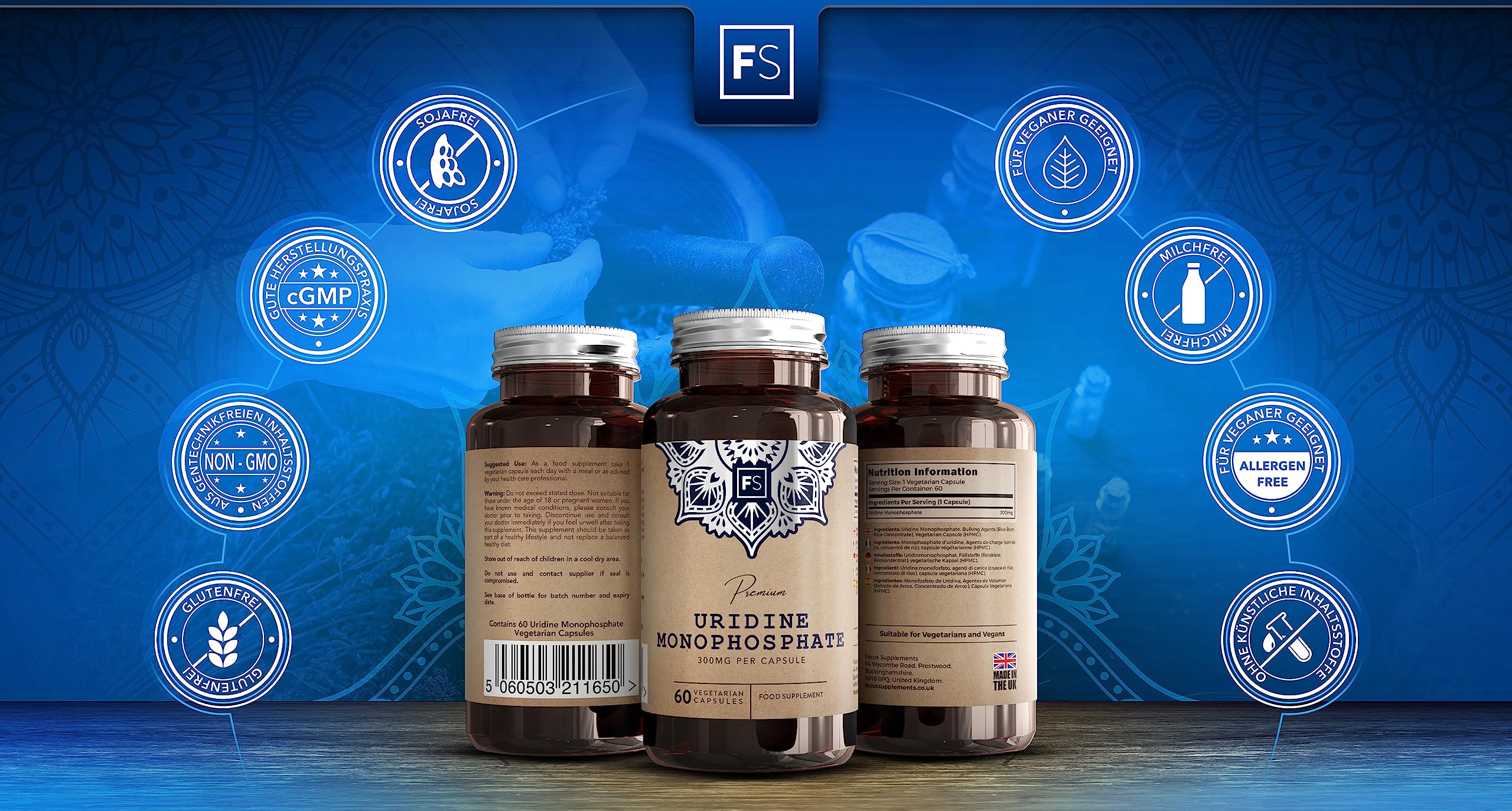 FS Uridinmonophosphat | 60 Uridin Kapseln - Hochdosiertes Uridine Monophosphate - 300mg Uridine pro Portion | Gentechnik-, Gluten- & Allergenfrei | Hergestellt in Großbritannien