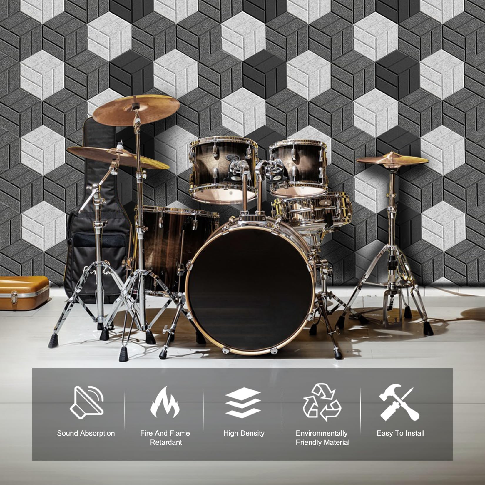 12 piezas paneles acusticos decorativos Paneles Acústicos Hexagonales espuma acustica insonorizacion Panel pared absorbente sonido para estudio de sonido oficina sala de juegos (30x26x0.9cm)