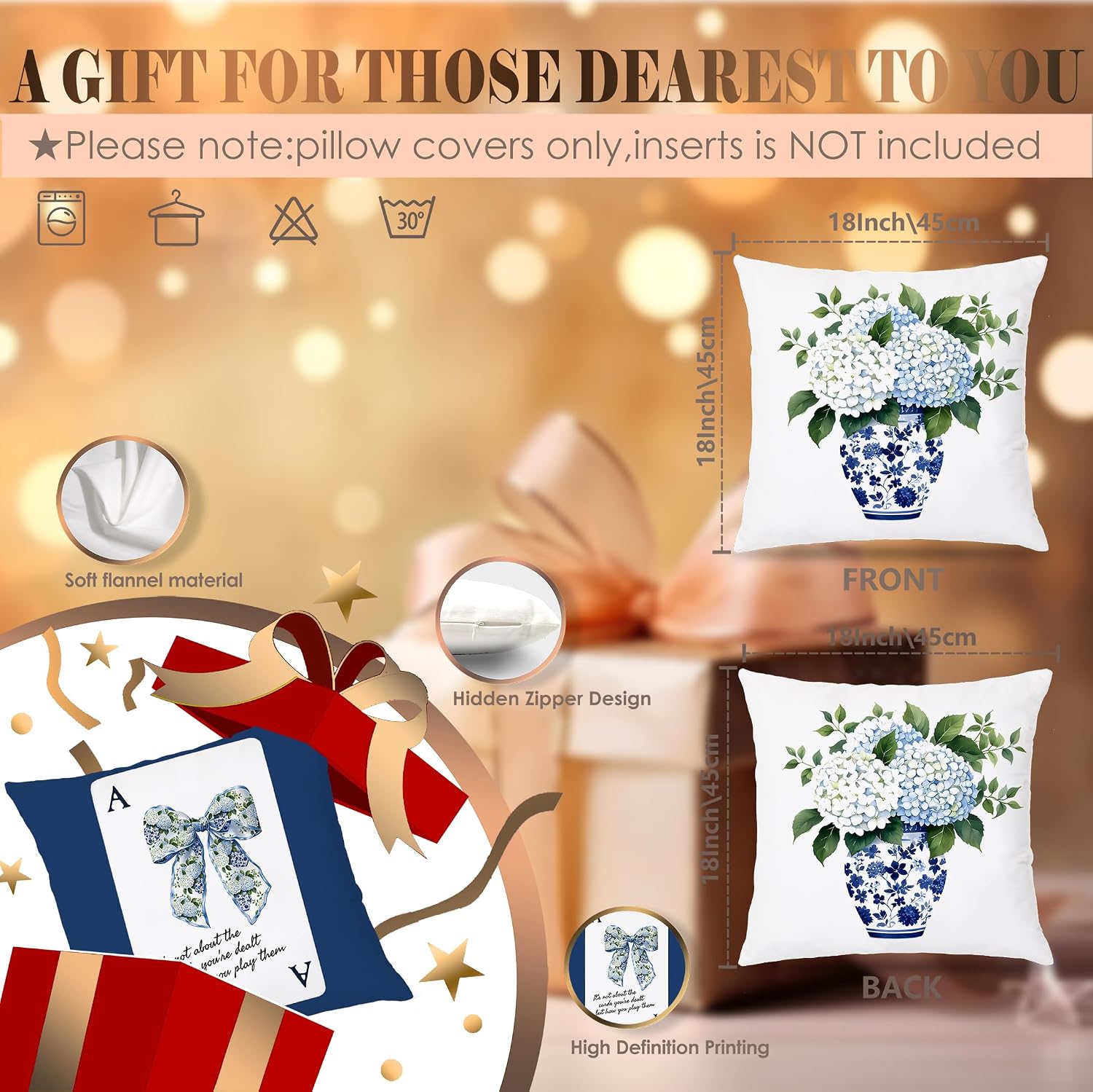 Blue and White Chinoiserie Hydrangea Floral Pillow Covers 18x18 Double-Sided Set of 4, Grandmillennial Decor,Blue Preppy Bow Decorative Throw Pillow Covers for Home Bedroom Living Room