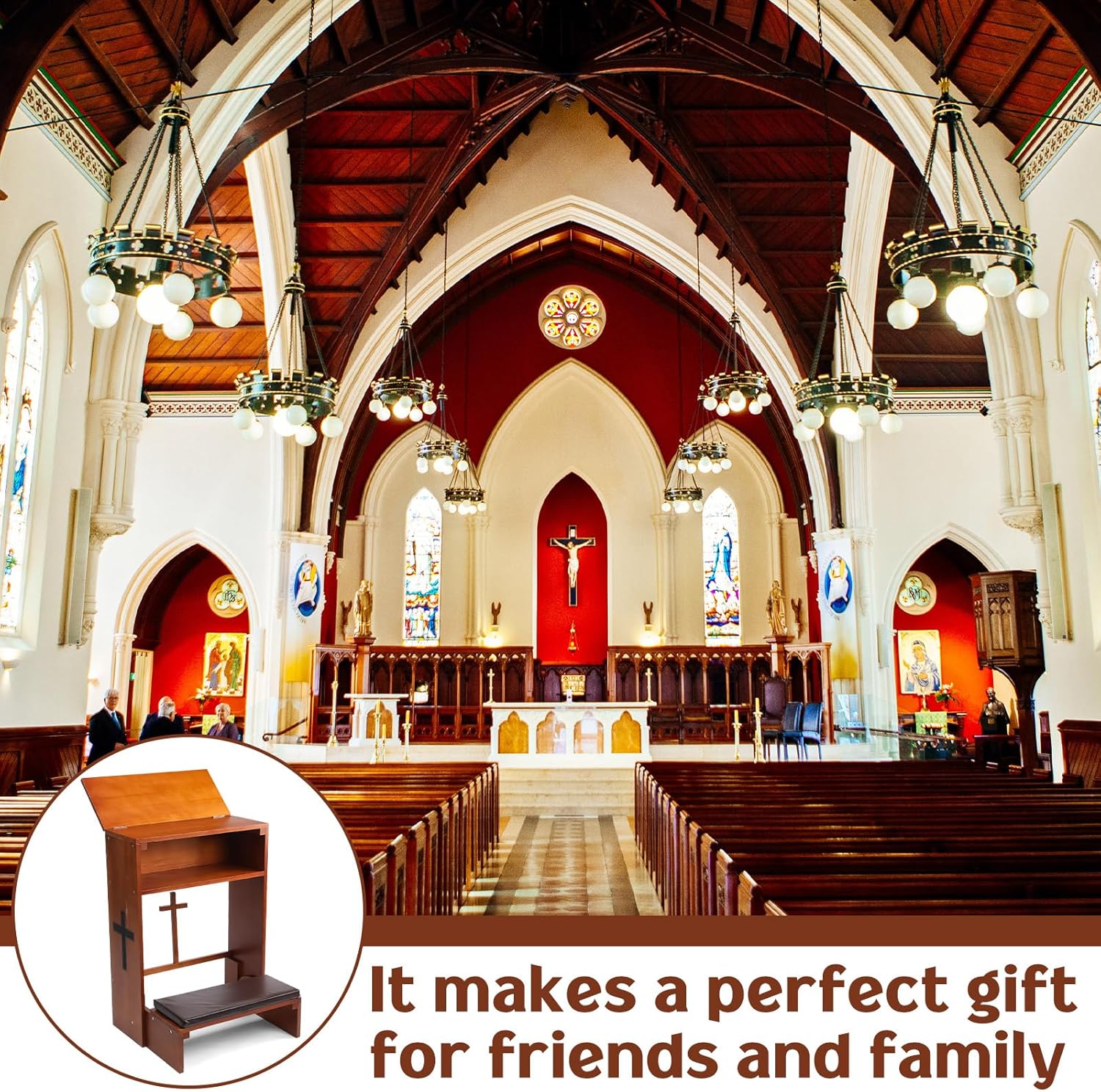 DoubleFill Solid Wood Prayer Bench Stool with Shelf and Cushion Church Prayer Bench Table Chair Padded Kneeler for Kneeling at Home, Religious Gifts, 23 x 20 x 32 Inches(Drawer Style)