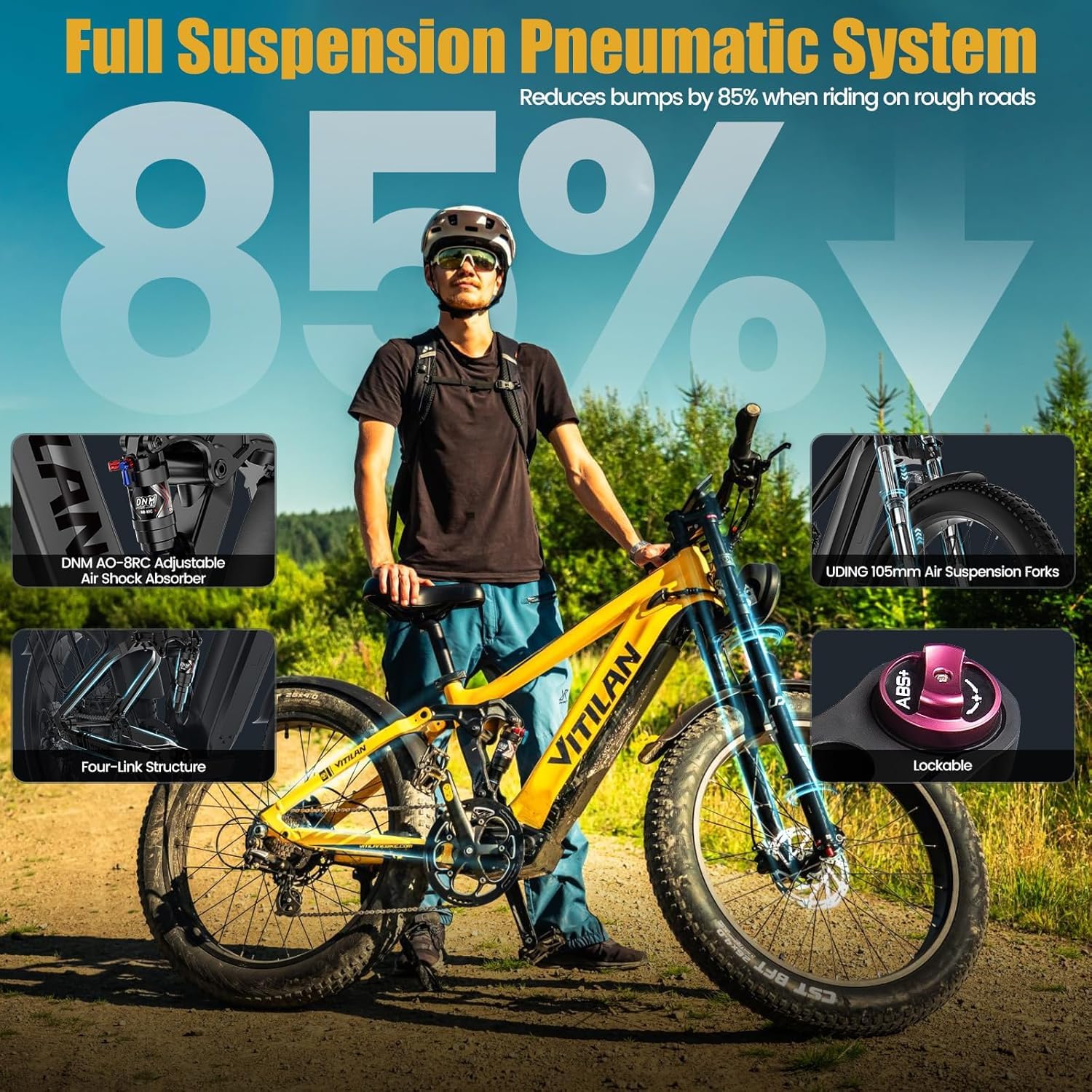 VITILAN T7 Pro Bici Elettrica per Adulti, Ebike a Lunga Autonomia 52V 20Ah, Bicicletta Elettrica da 26", Sospensioni Complete e Freni a Disco Idraulici, Telaio in Alluminio Impermeabile