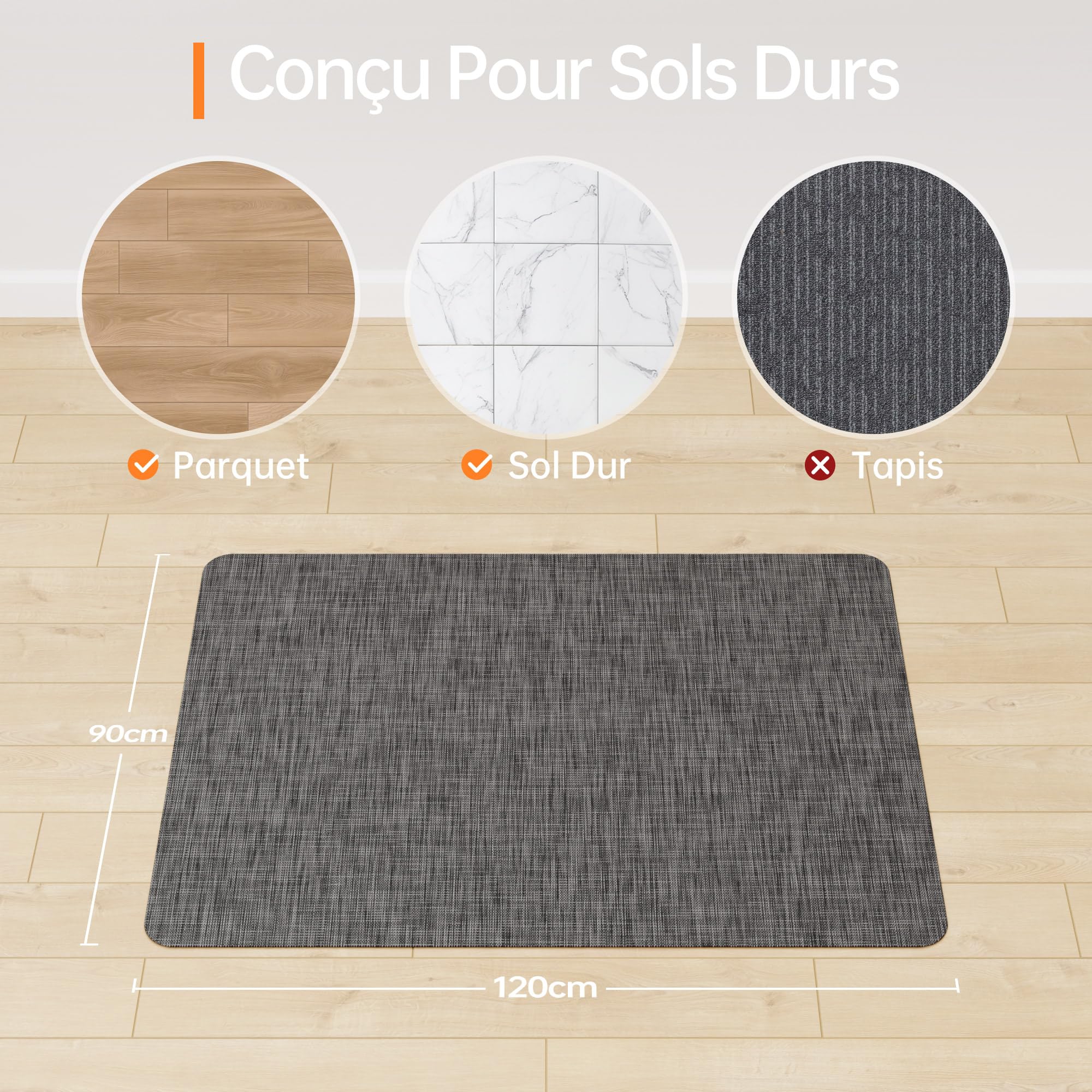 Tapis Chaise de Bureau, 91x122cm Grand Tapis Protection pour Sols Durs en PVC Antidérapant Renforcé, pour Bureau à Domicile ou Professionnel - Gris Foncé