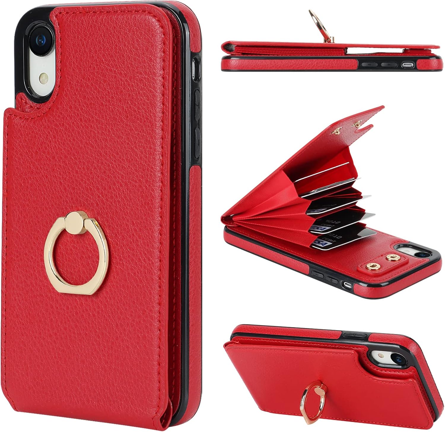 Folosu Compatible with iPhone XR Case Wallet with Card Holder, 360°Rotation Finger Ring Holder Kickstand Protective RFID Blocking PU Leather Double Buttons Flip Shockproof Cover 6.1 Inch Brown