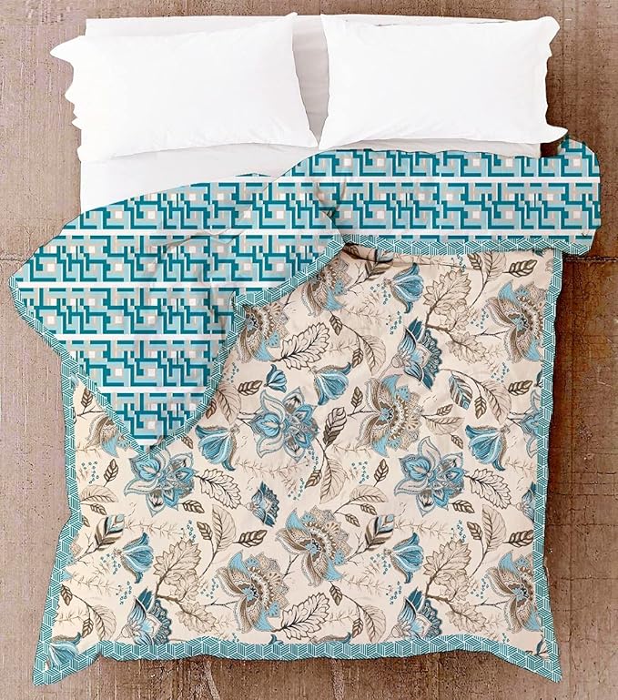 AQRATE 100% Cotton Floral Printed Three Layer Cotton Camric Lightweight Dohar with Heand Paipine Double Sided Reversible Queen Size AC Dohar Blanket (Design 01, Double)