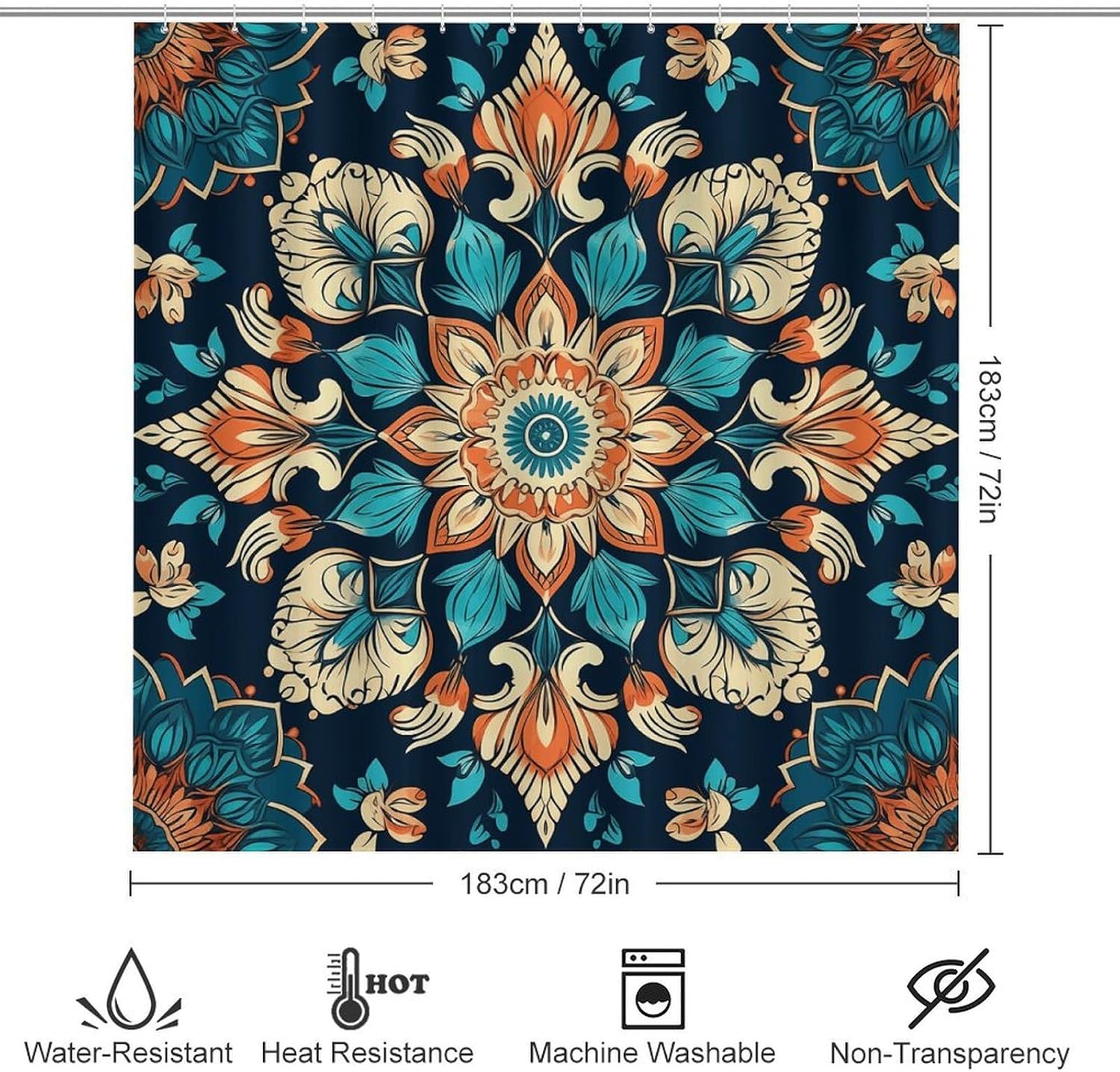 Vintage Mandala Flowers Shower Curtains Set 4 Piece with Non-Slip Rugs, Toilet Lid Cover and Bath Mat Soft Bathroom Carpet Waterproof Bathroom Curtain with 12 Hooks for Bathroom Decor