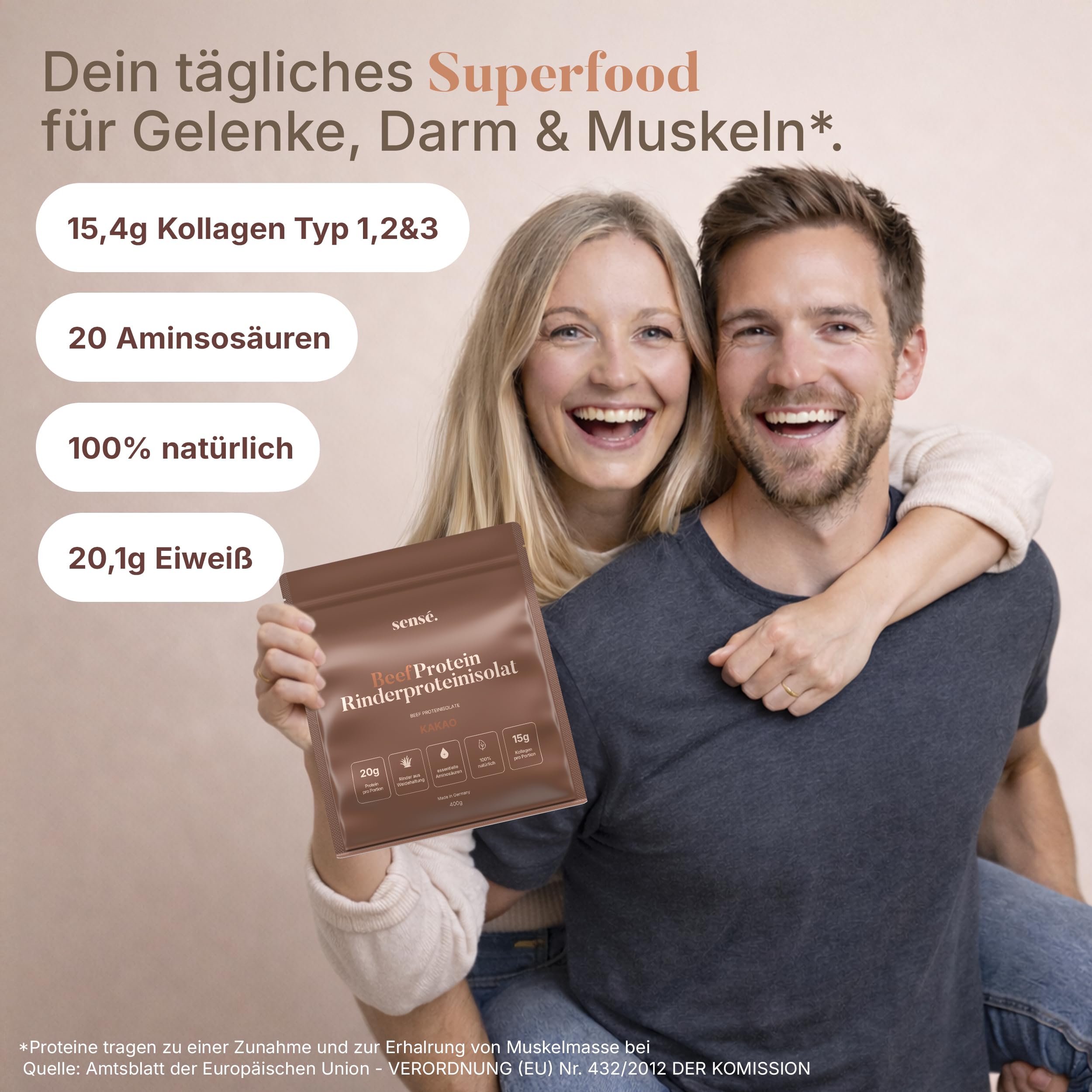 Sensé. Rinderprotein Pulver Kakao 400g -100% natürlich | 20g Protein | 10% Kakaopulver & Flohsamenschalen | Bioaktiv | Kollagen 1,2+3 | Knochenbrühe vom Weiderind | Bone Broth | Made in Germany