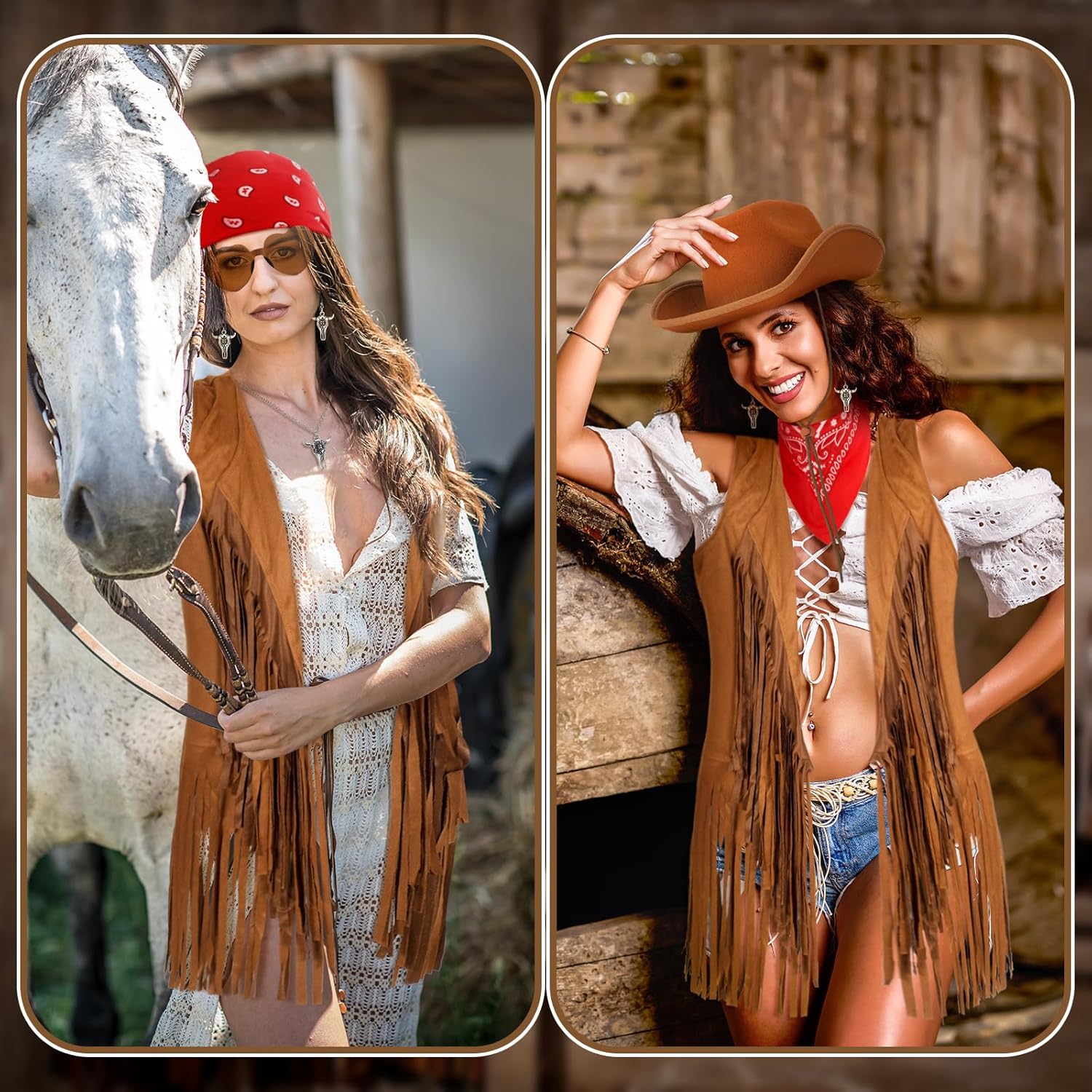 Zonon 6 Pcs Western Cowgirl Costume Outfits for Women Cowgirl Vest Hat Sunglasses Bandana Earrings Necklace for Halloween - Image 4