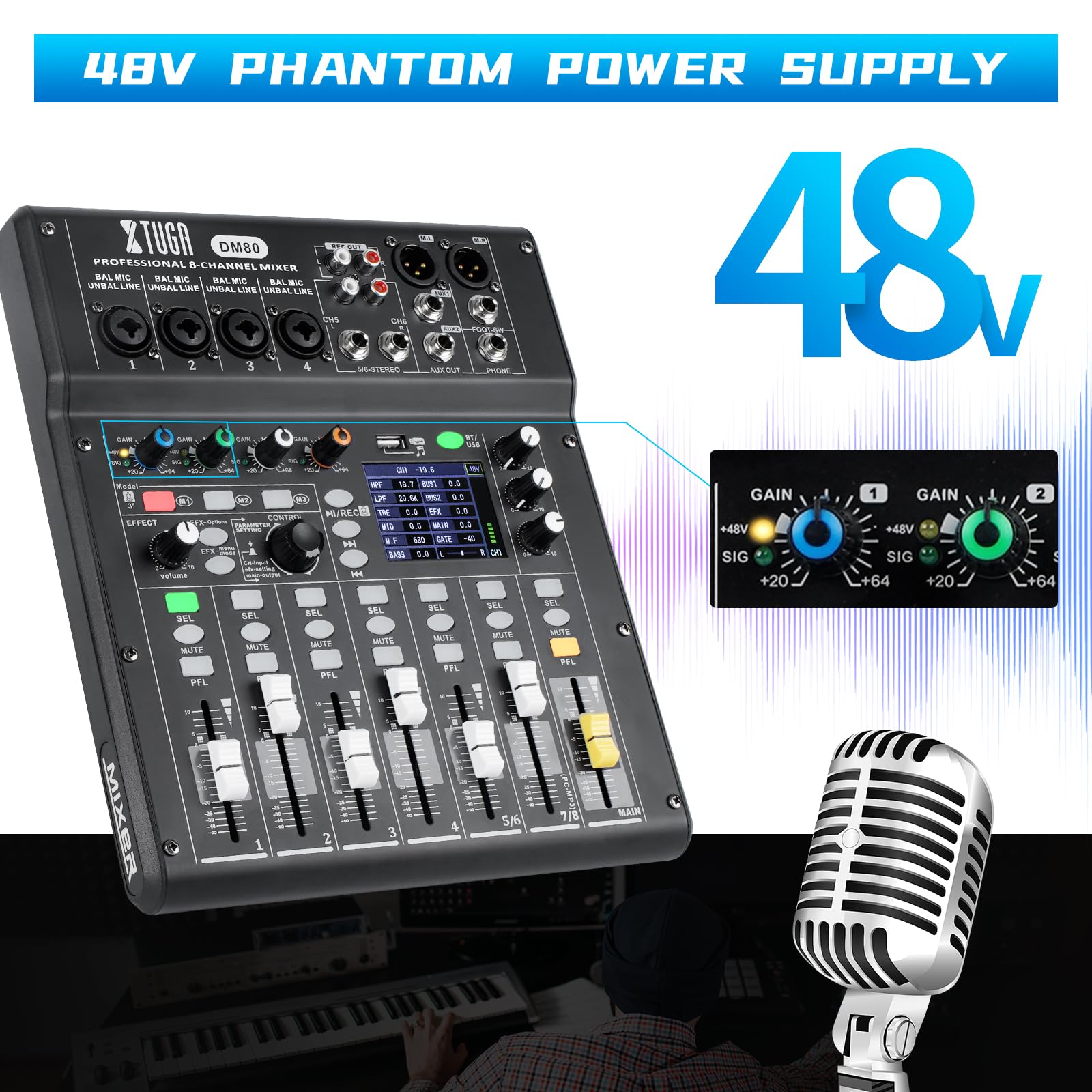 XTUGA Mixer digitale a 8 canali, multitraccia con mixer alimentato (DM80) | Qualità da studio, 24 bit/48 kHz, mixer DJ per live streaming/home studio/produzione musicale/podcast