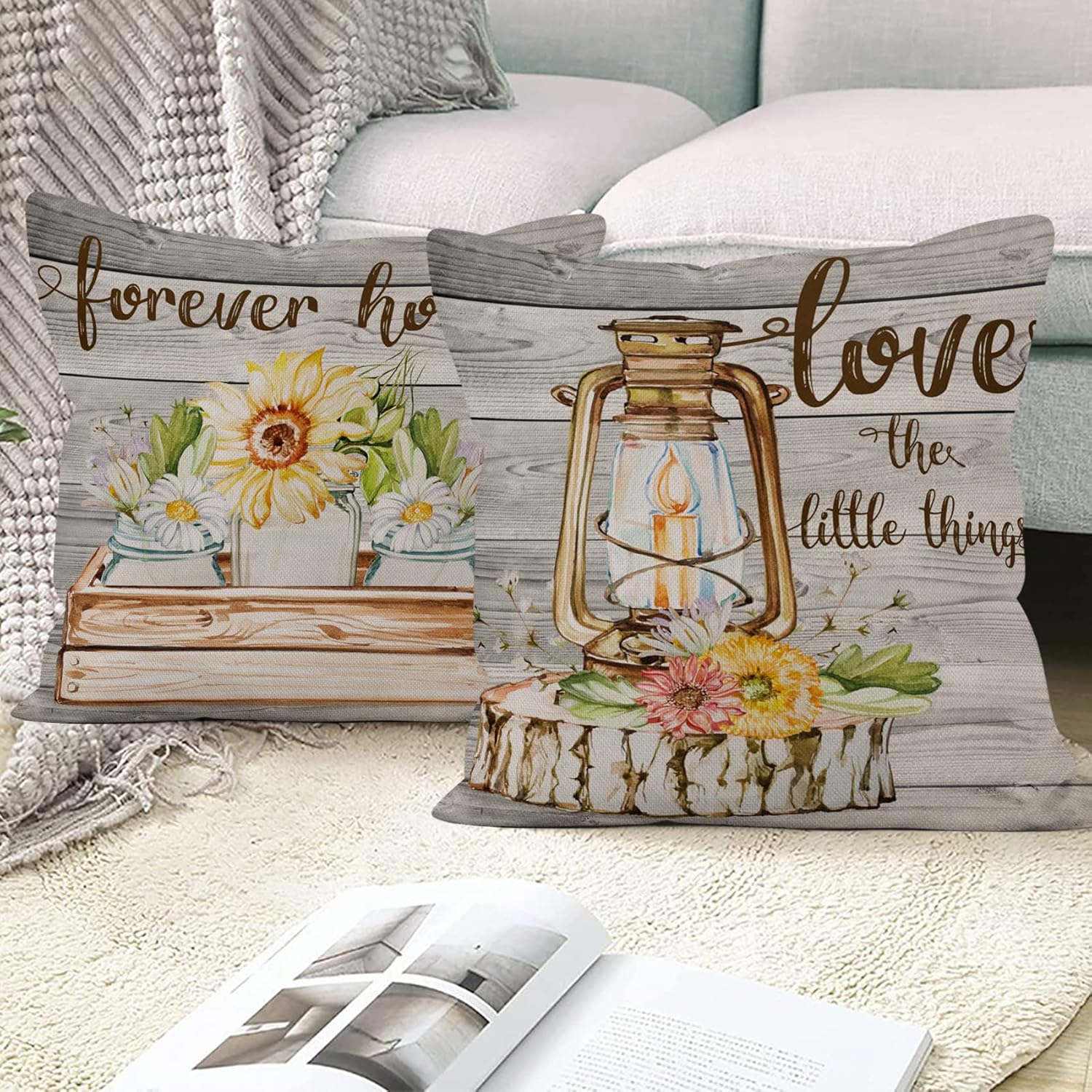 Yeele 18x18inches Forever Home Decorative Throw Pillow Covers Summer Spring Flowers Rustic Wood Grey Background Pillow Case Set of 4 Linen Cushion Case for Sofa Couch Bed Living Room Home Decor