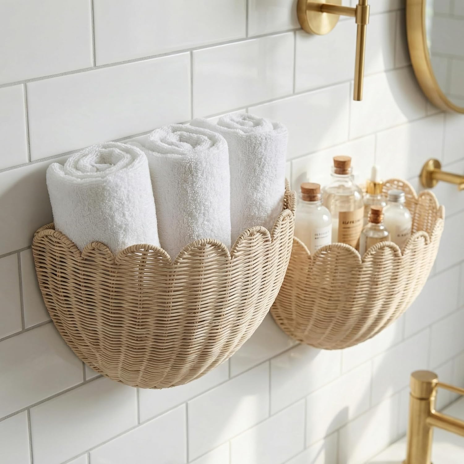 2pcs woven wall baskets,scalloped wall basket,hanging basket,16" x 10" x 7"In & 14" x 8" x 6"In