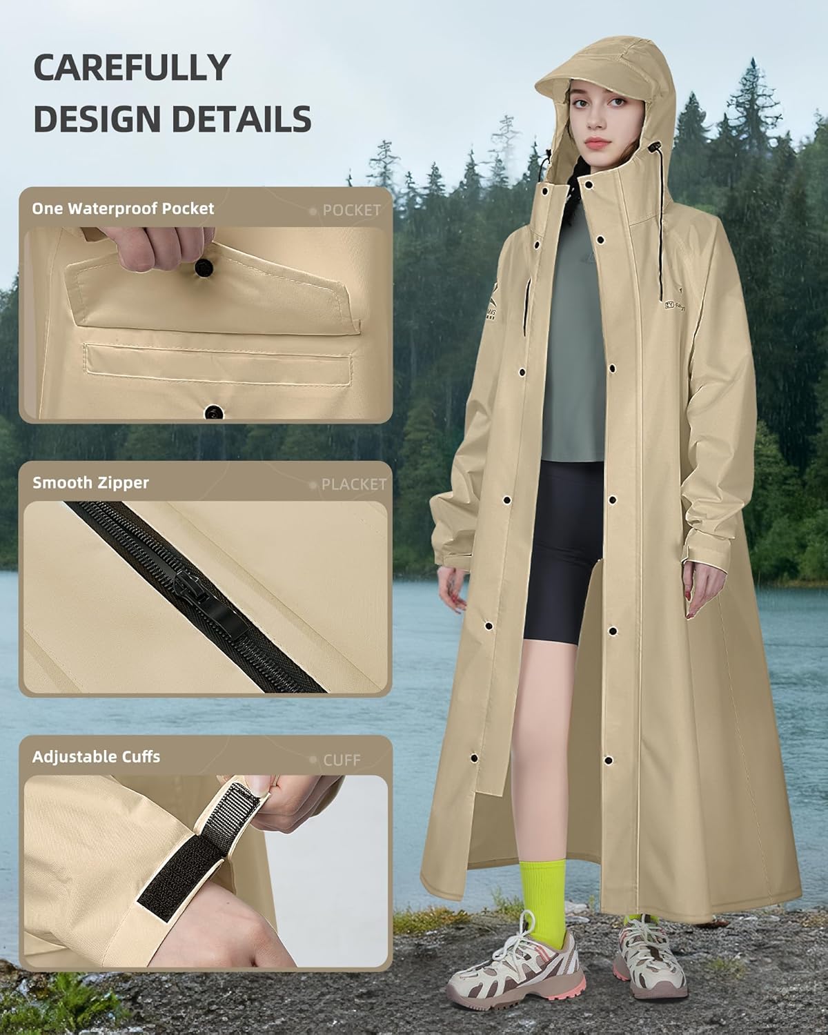 Long Hooded Raincoat Waterproof Reusable Lightweight Rain Jacket Poncho for Men Women Adults - Image 4