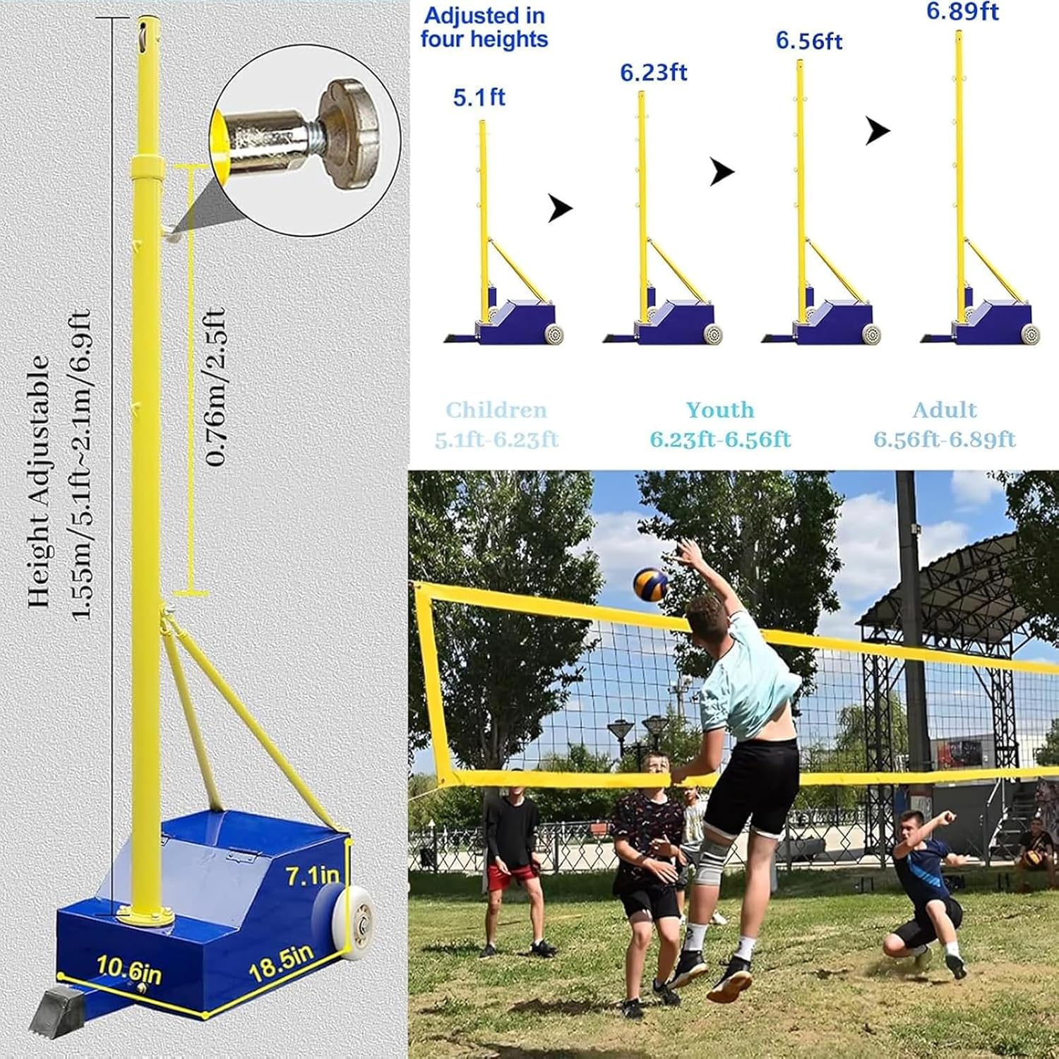 Professional Volleyball and Badminton Net Poles, Heavy Duty Adjustable Height 5ft-6.8ft with Wheels, Portable for Indoor Outdoor Use in Backyard, Stadium, for Adults and Youth