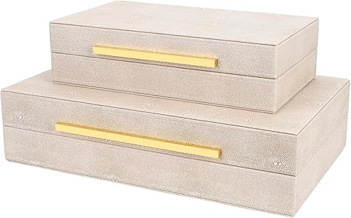 Juego de 2 cajas decorativas de piel sintética de color marfil, cajas decorativas grandes con tapas para decoración moderna del hogar, organizador