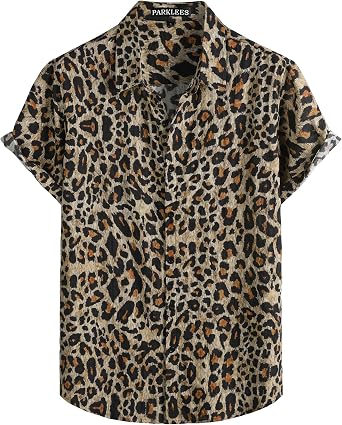PARKLEES Mens Leopard Print Hawaiian Short Sleeve Button Down Shirts Summer Casual Vintage Lightweight Shirt Caramel Leopard Print Small