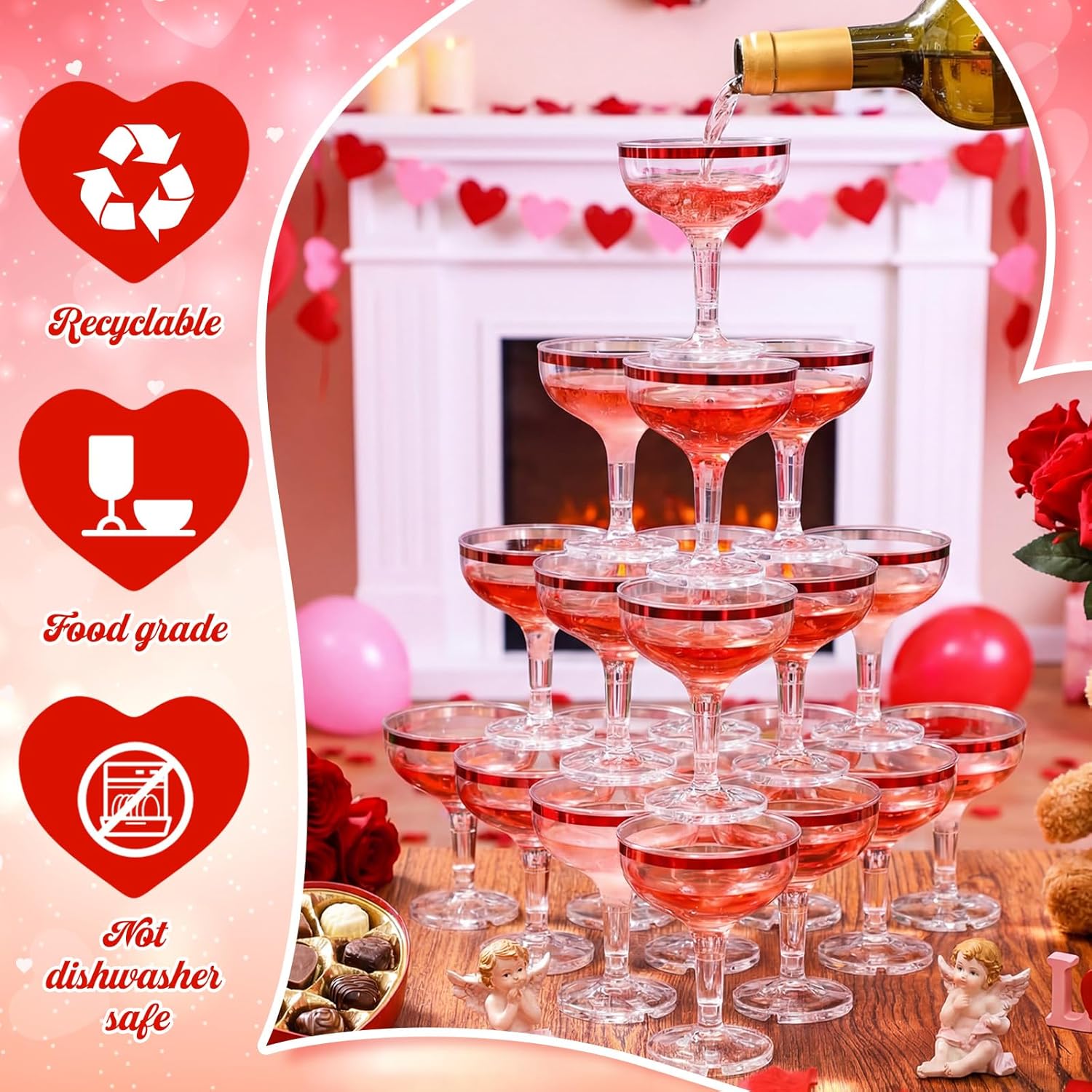 Zopeal 50 Pcs Valentines Plastic Martini Glasses Bulk 5 oz Red Disposable Margarita Cocktail Champagne Tower Coupe Glasses Unbreakable Stackable Wine Cups with Stem for Wedding Party Favors - Image 3