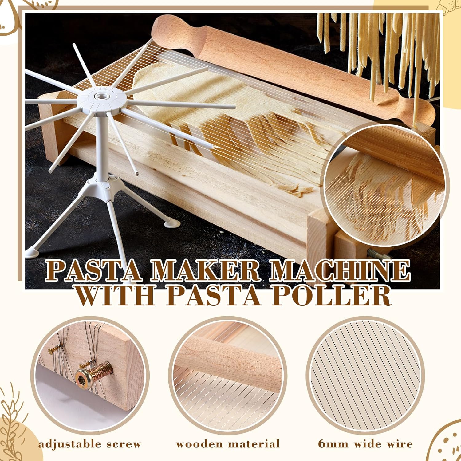 4 Pcs Pasta Maker Tool Set Include Chitarra Cutter Italian Pasta Guitar with Rolling Pin, Noodle Drying Rack, Ravioli Maker Cutter Making Tool for Spaghetti, Lasagna