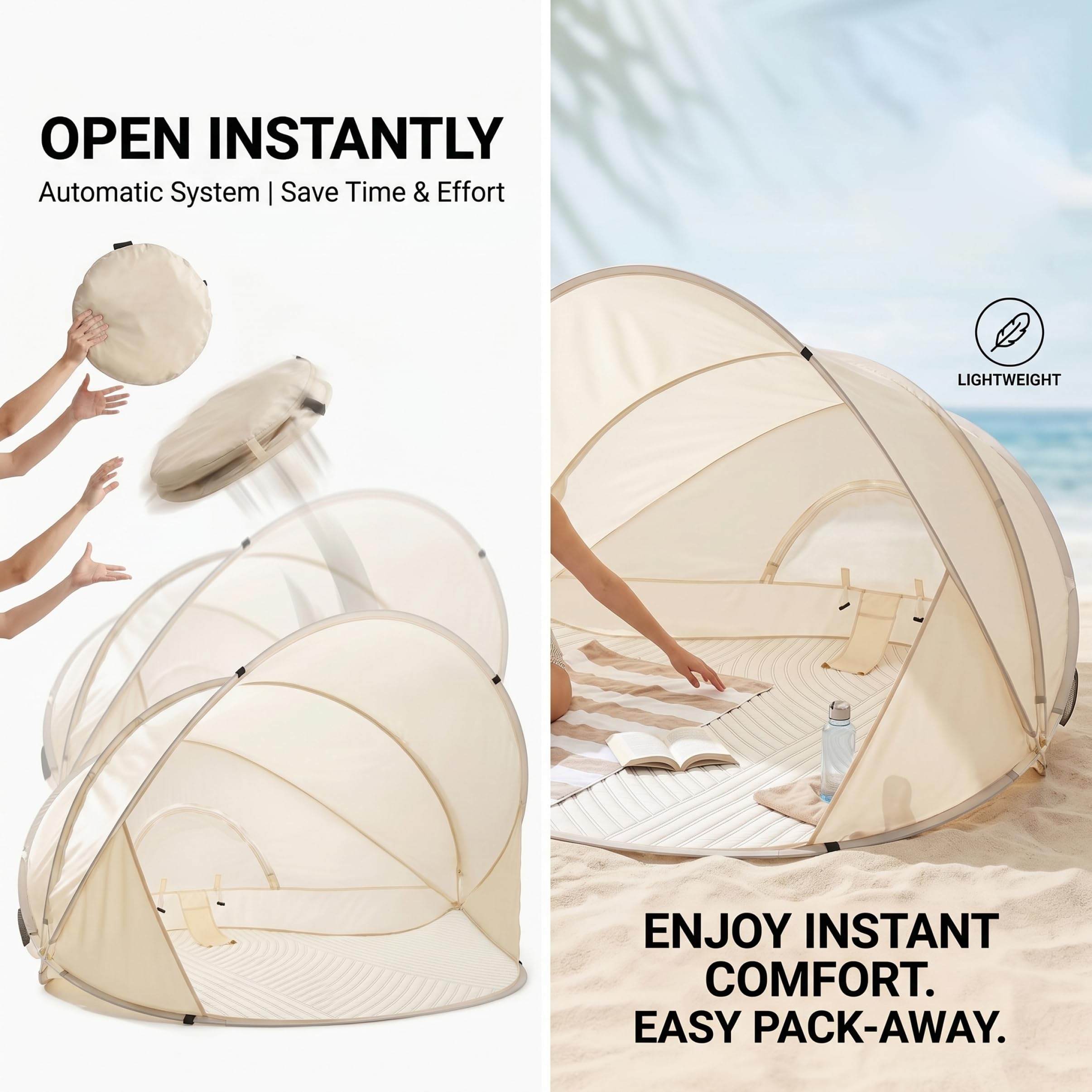 Tente de Plage Pop-up instantanée pour 3 à 4 Personnes, abri Solaire extérieur Portable avec Sac de Transport et Tapis Sol, 51, 2 x 51, 2 x 43, 3 Pouces, auvent pour Le Sable