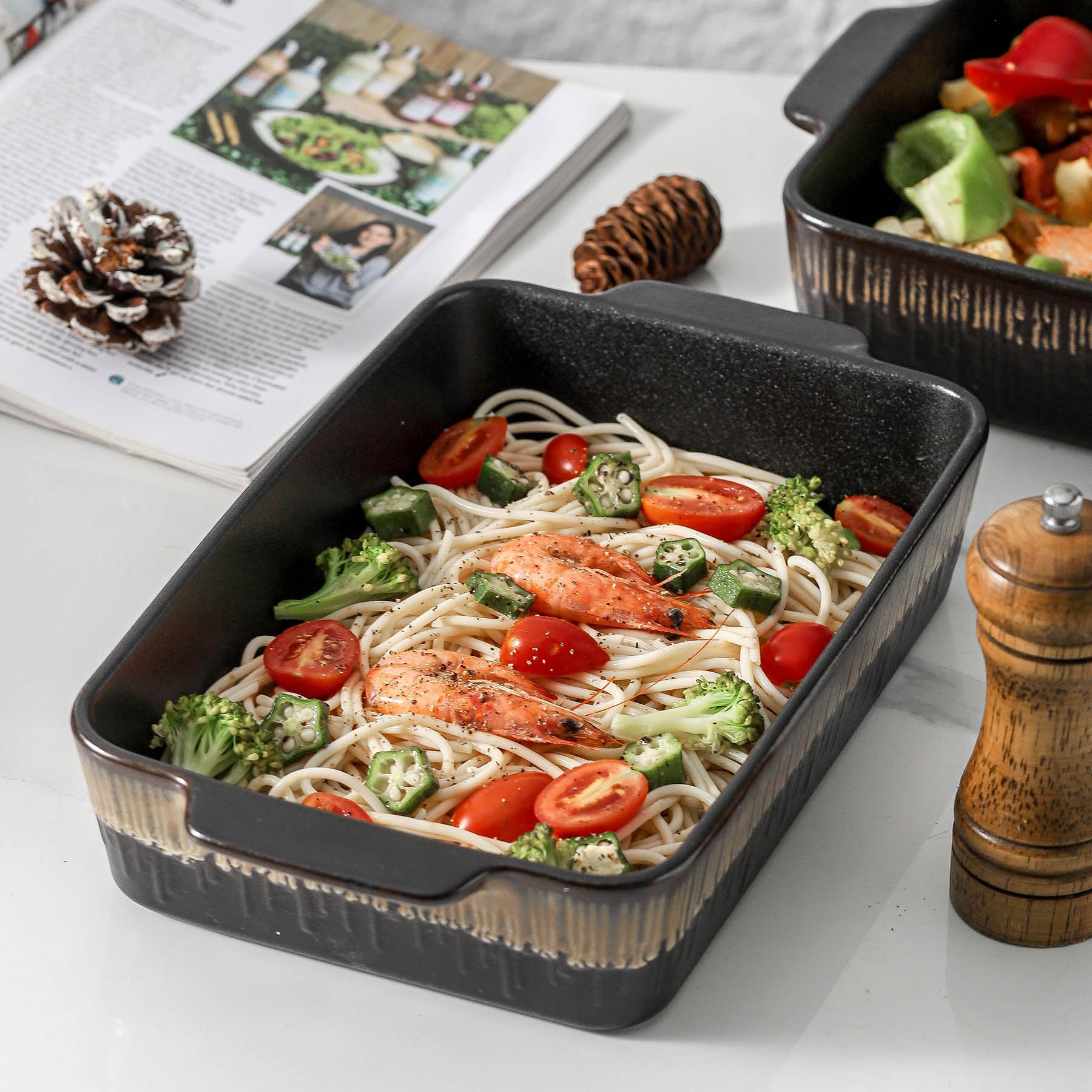 KOOV Bakeware Set Keramik Backform Rechteckige Backformen Set Auflaufform zum Kochen Kuchen Abendessen Küche 30.5 cm x 21.6 cm 3-teilig Stripe Serie (Rohschwarz)