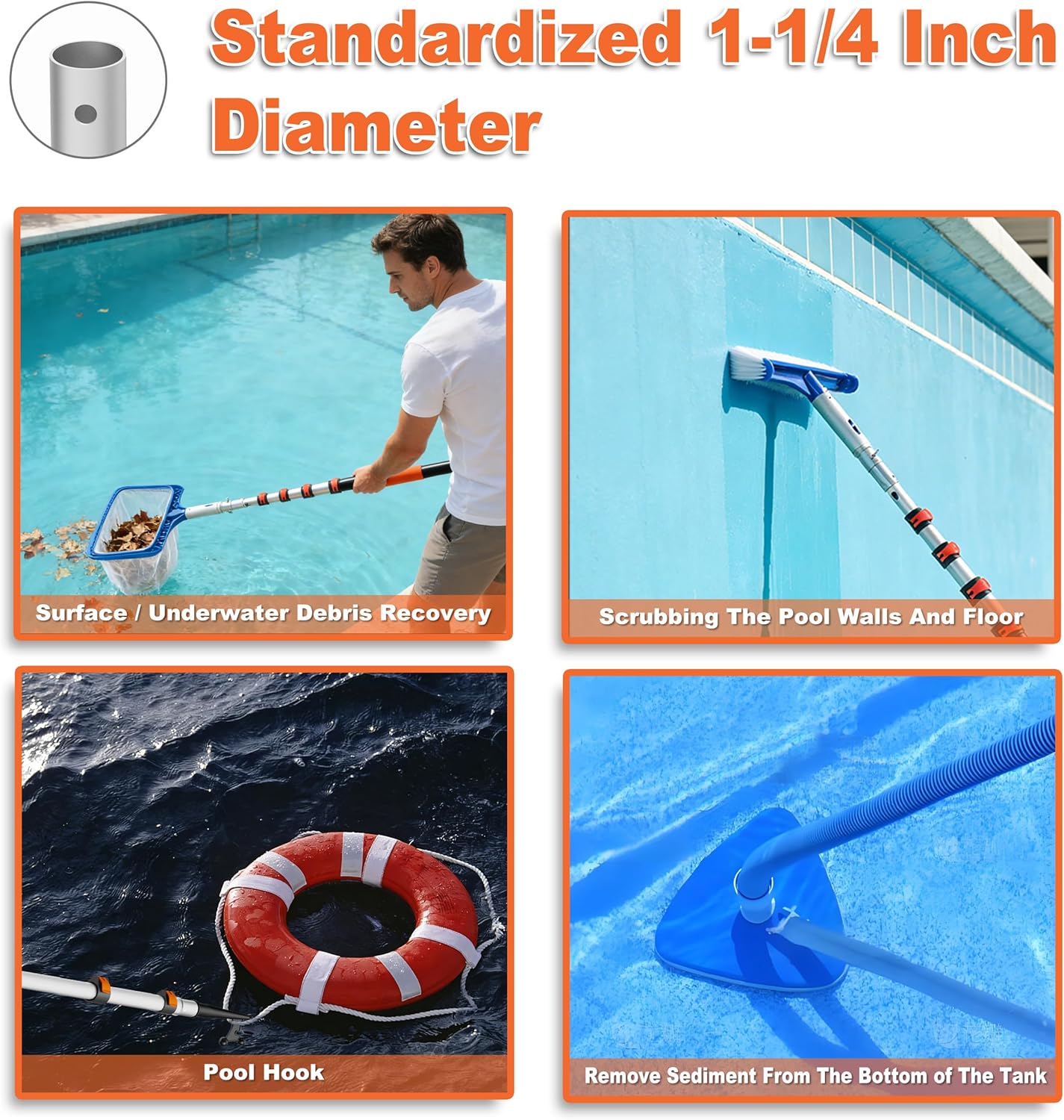AgiiMan 4-16 FT Telescopic Pool Pole, Swimming Pool Pole with 4 Baffle Locks Durable Aluminium and Vacuum Ports Telescopic Extendable Poles Use with Cleaning Nets, Skimmers, Brushes and More