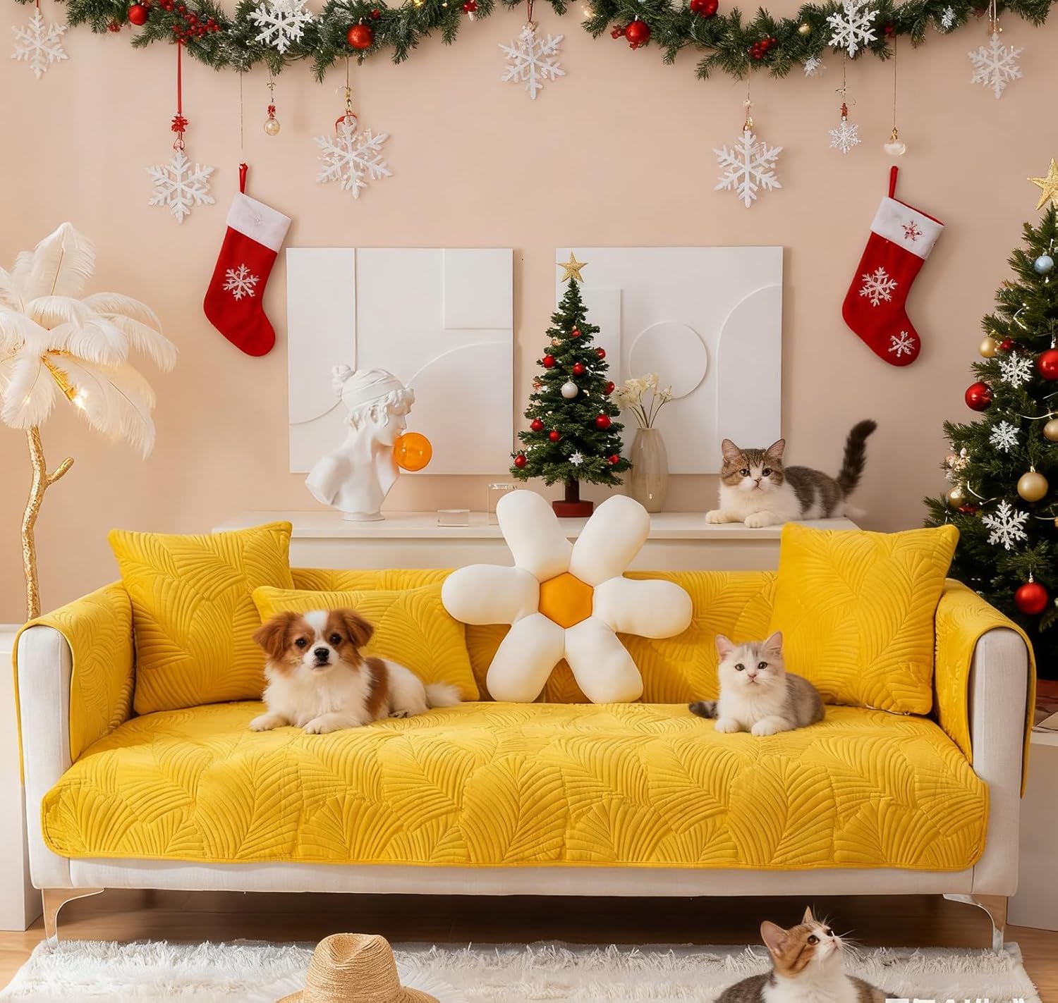 STACYPIK Leaves Quilted Sofa Covers for Dogs, Anti-Slip Yellow Couch Cover for Armrest Backrest, Soft Flannel Couch Cover for 2 Cushion Couch Washable, Sofa Slipcover for Dogs Cats Pet-27.6x27.6IN