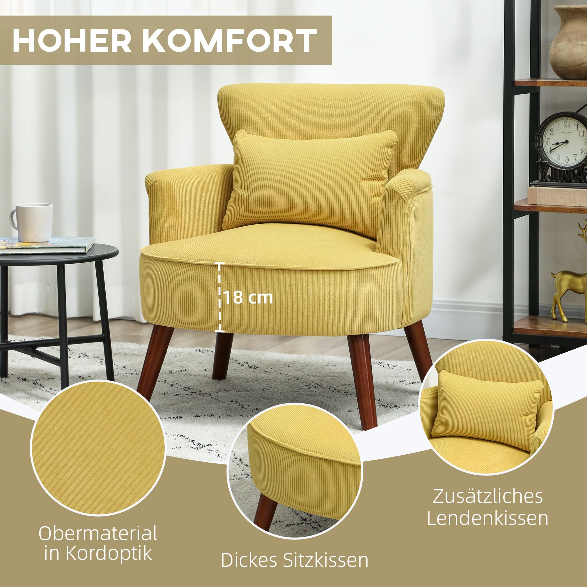 HOMCOM Sessel Loungesessel mit Armlehnen, Polstersessel mit Kissen Armlehnensessel mit Kordoptik, Holzbeine Lesesessel für Wohnzimmer, Schlafzimmer, Gelb