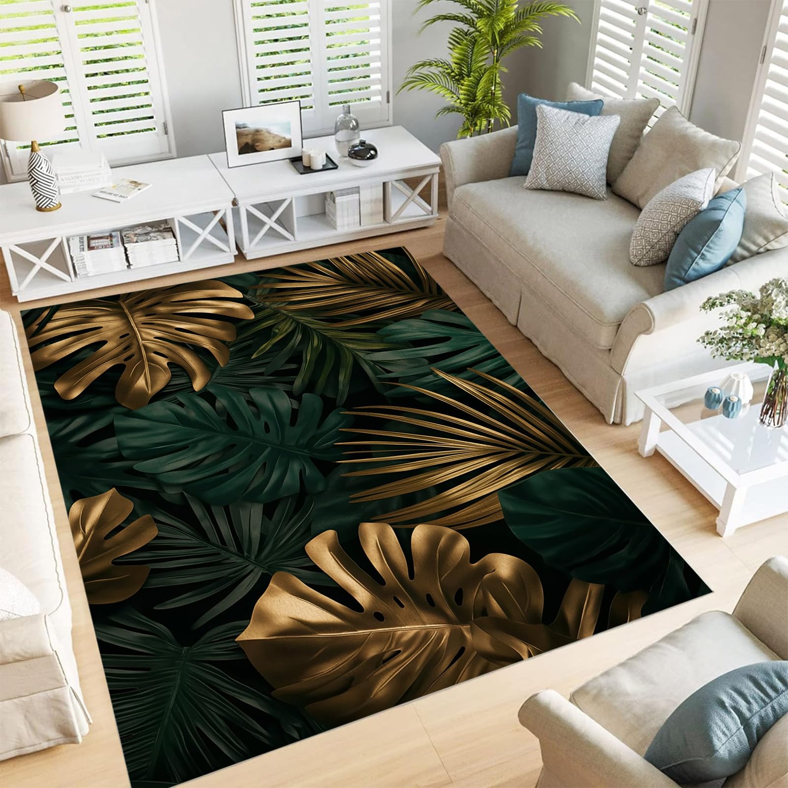 Tapis rétro chic et design de prestige aux reflets dorés tropicaux pour intérieur raffiné