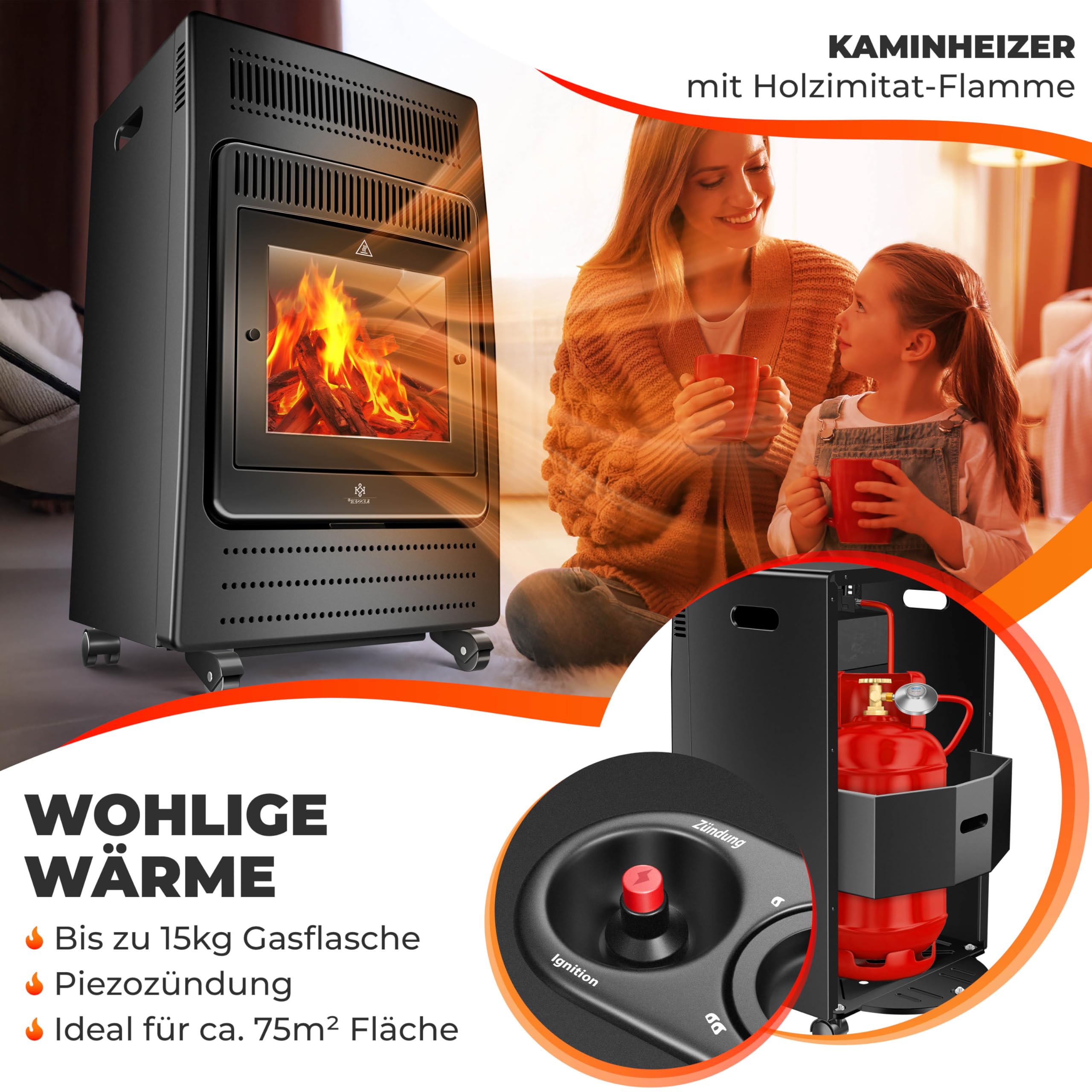 KESSER® Grzejnik gazowy, 3,4 kW, zawiera reduktor ciśnienia gazu i wąż gazowy, 2 stopnie grzania na podczerwień 3400 W, ogrzewanie gazowe, butle z butanem lub propanem, do 11 kg, czarny