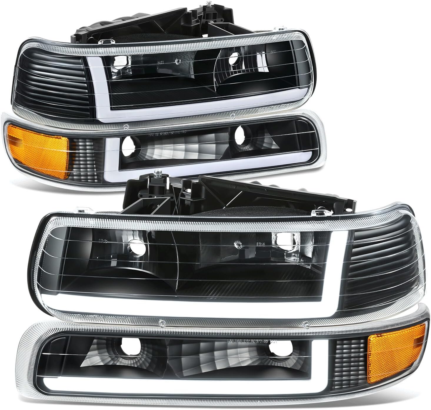 DNA MOTORING Pair OE Style Headlights + Bumper Lights Compatible with 99-02 Chey Silverado 1500 2500, Chrome/Clear/Amber, HL-OH-CSIL99-4P-CH-AM-B