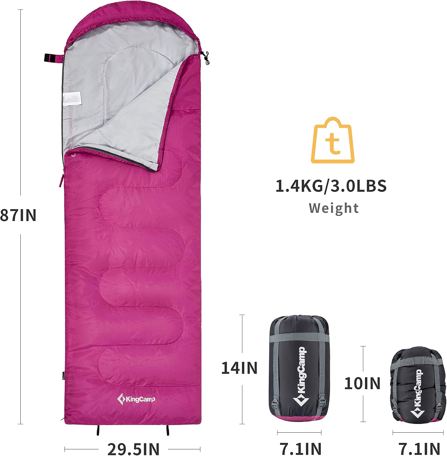 KingCamp Envelope Sleeping Bag 3 Seasons Sleeping Bag, Great for Kids, Boys, Girls, Teens and Adults Compact Waterproof Sleeping Bag with Compression Sack for Backpacking, Camping and Hiking