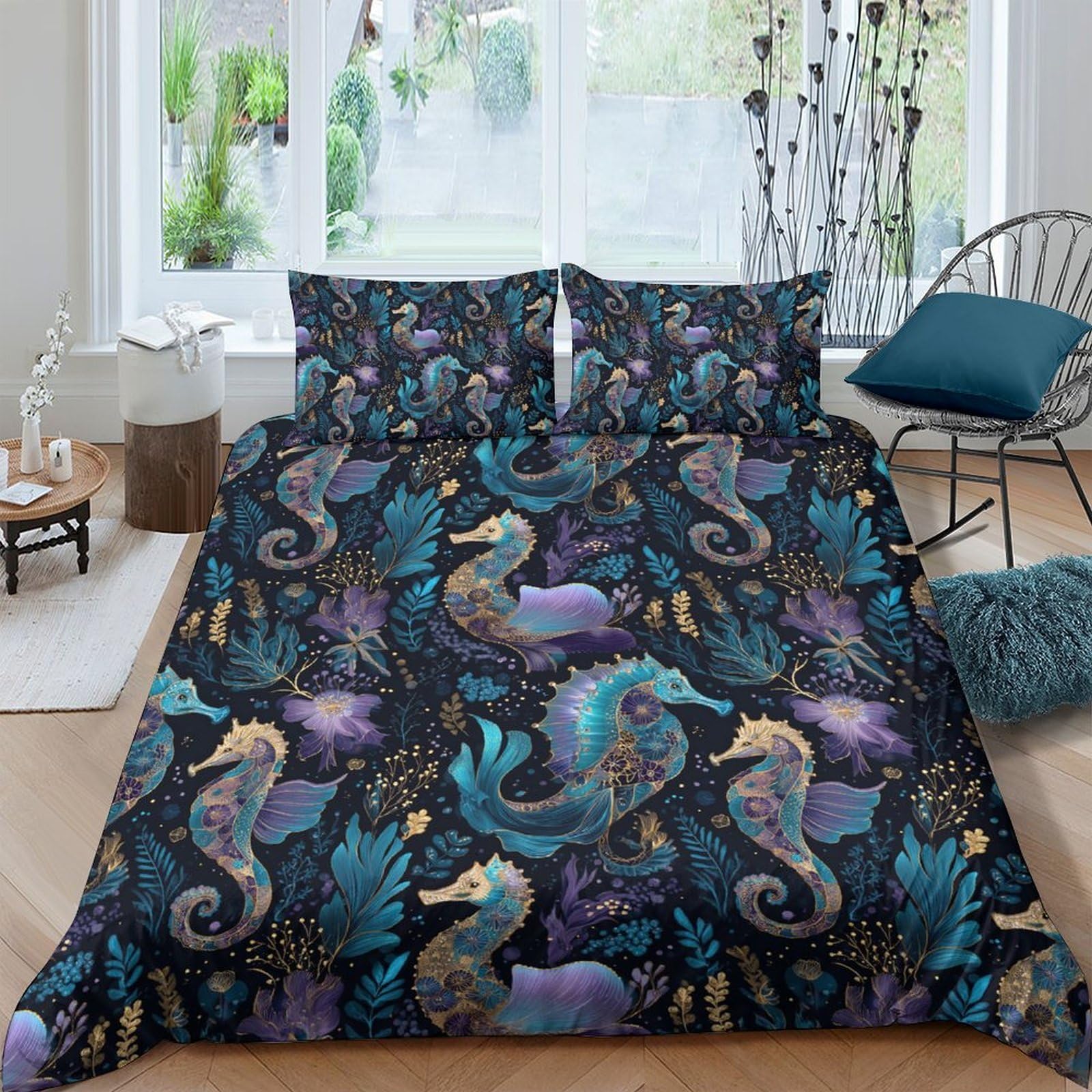 Ctjqhvkz Style-9 3D Printed Ocean Seahorse Fitted Sheet Microfiber Soft Breathable Underwater Coral Mattress Cover Bedroom Decor Single（135X200cm）