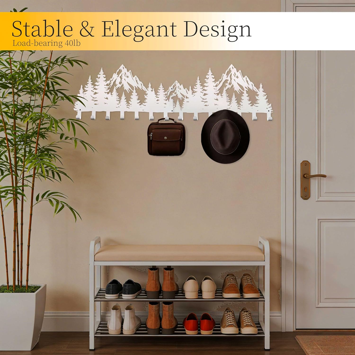 Large White Mountain Wall Mount with 14 Hooks, Decorative Forest Art Wall Hangerfor Cabin Entryway Front Door Bathroom Kitchen Office Home, Wall Mount Holder for Key Jacket Hat Bag Towel