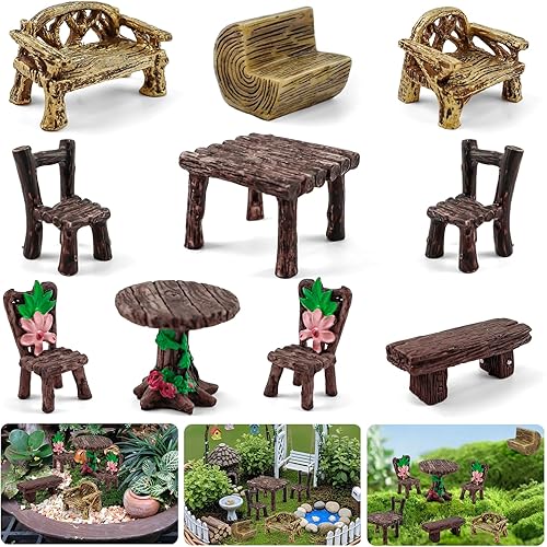 Morofme 10 Pcs Mini Garden Furniture Ornaments Miniature Table and Chairs Resin Bench Chair Kit Garden Furniture Accessories for Cake Topper Micro Landscape DIY Craft Succulent Flower Pot Decorations