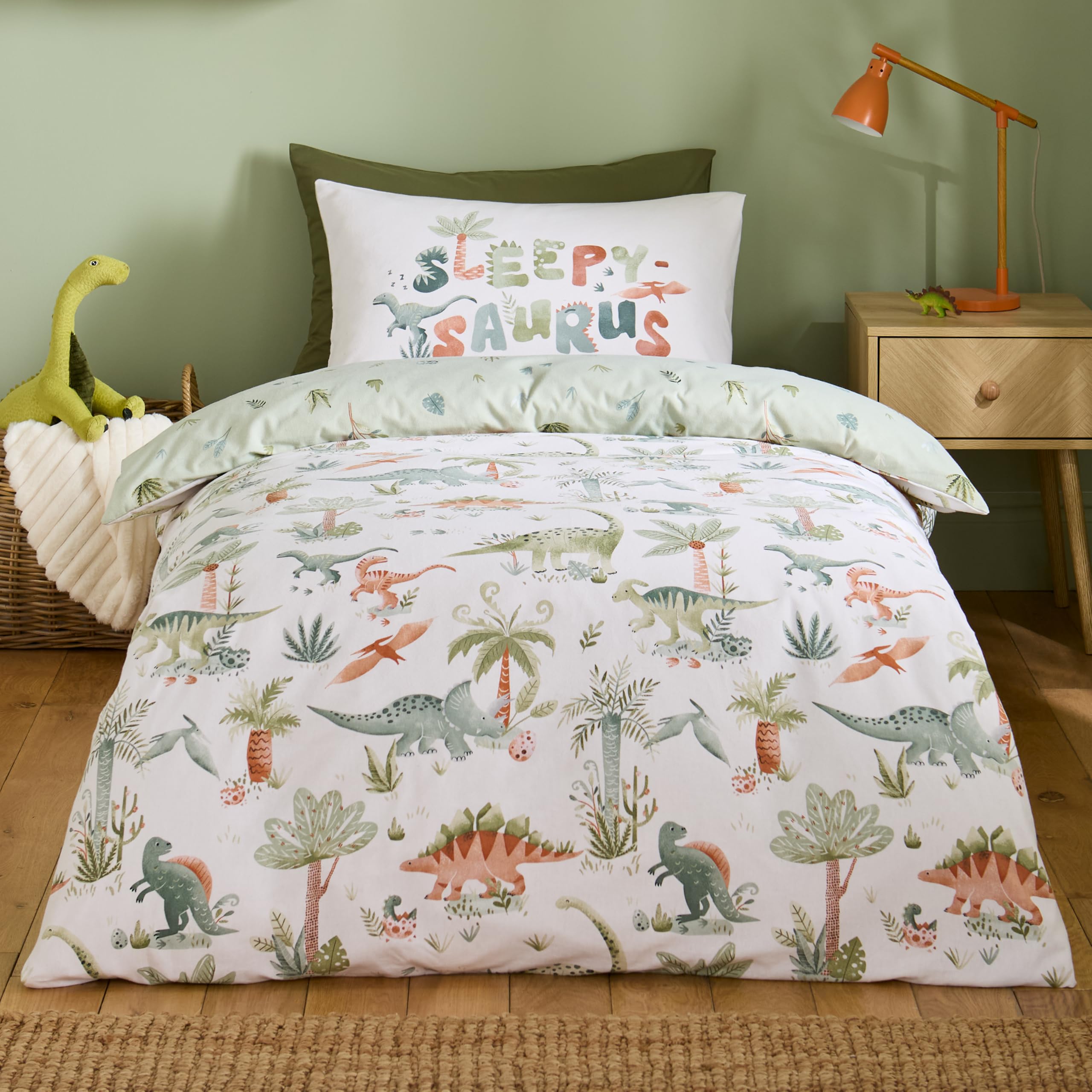 Catherine Lansfield Brushed Sleepy Saurus Dino Junior Duvet Cover Set Cream