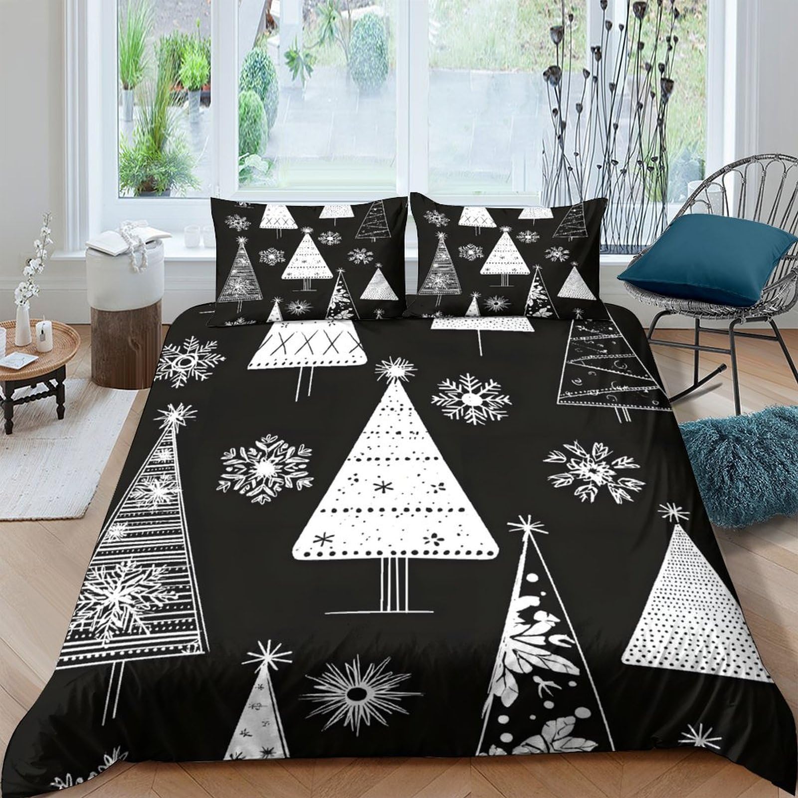 Ctjqhvkz Style-3 3D Printed Black Christmas Tree Fitted Sheet Microfiber Soft Snowflake Bed Cover For Bedroom Dorm Mattress Decor Single（135X200cm）