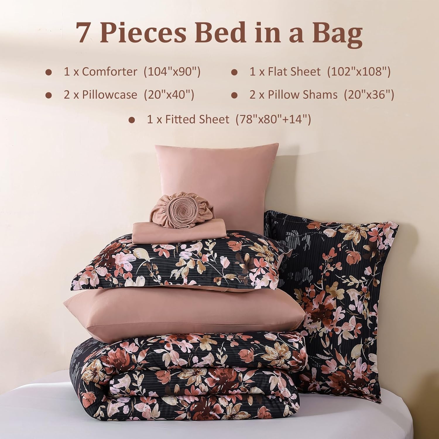 Dobuyly Black Comforter Set King Size, 7 Piece Floral Bedding Comforter Set, Black and Pink Bed in a Bag Botanical Flower Pattern with Sheets, Pillowcases & Shams All Season - Image 7