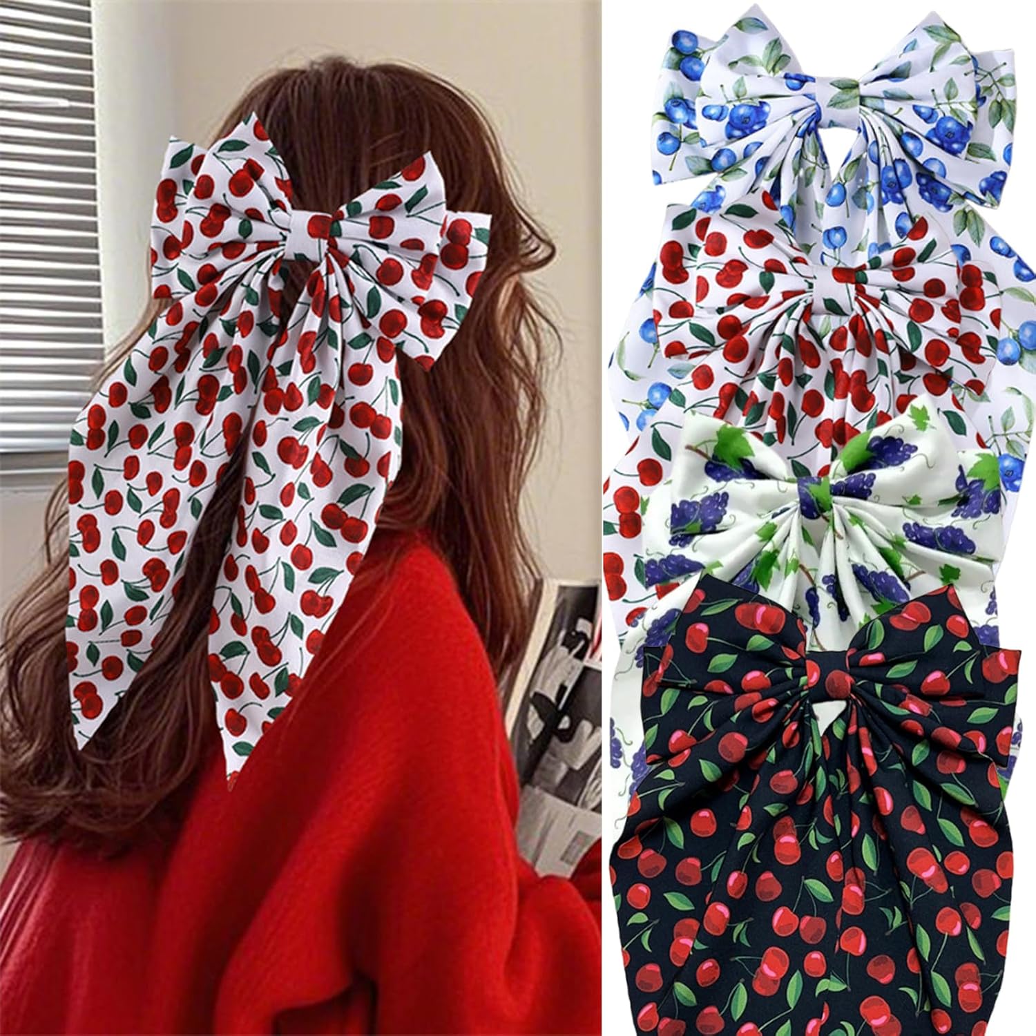 Hair Bows Big Bow Hair Clips with Long Tails Cherry Blueberry Grapes Pattern Hair Bows Clips, Cute Bow Accessories for Women Girls Daily Holiday Gift 4 Pcs