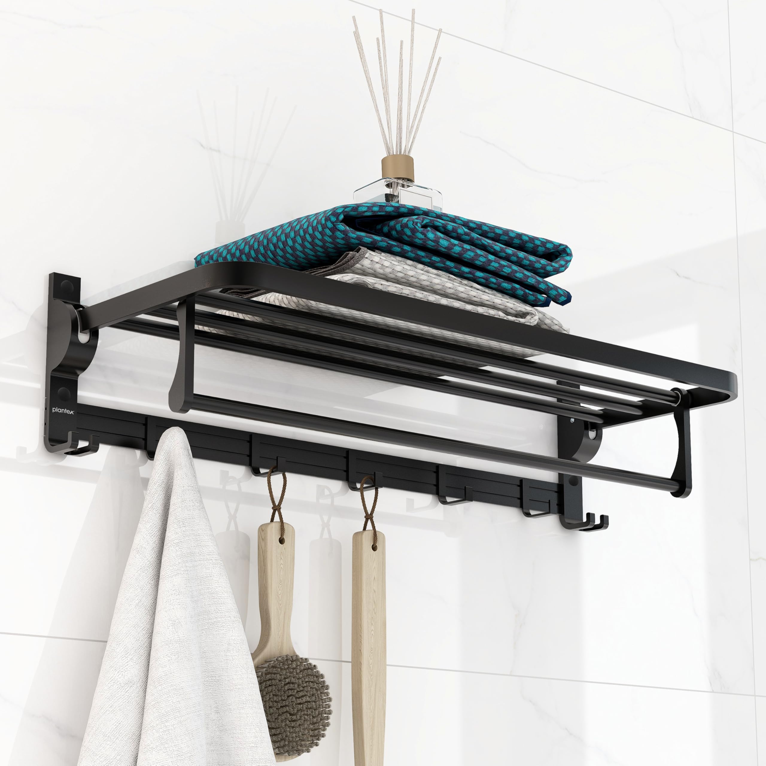 Plantex Aluminium Folding Towel Rack with Swivel Towel Rod/Towel Hanger for Bathroom/Towel Hanger with Hooks/Bathroom Accessories (24 Inch) Black