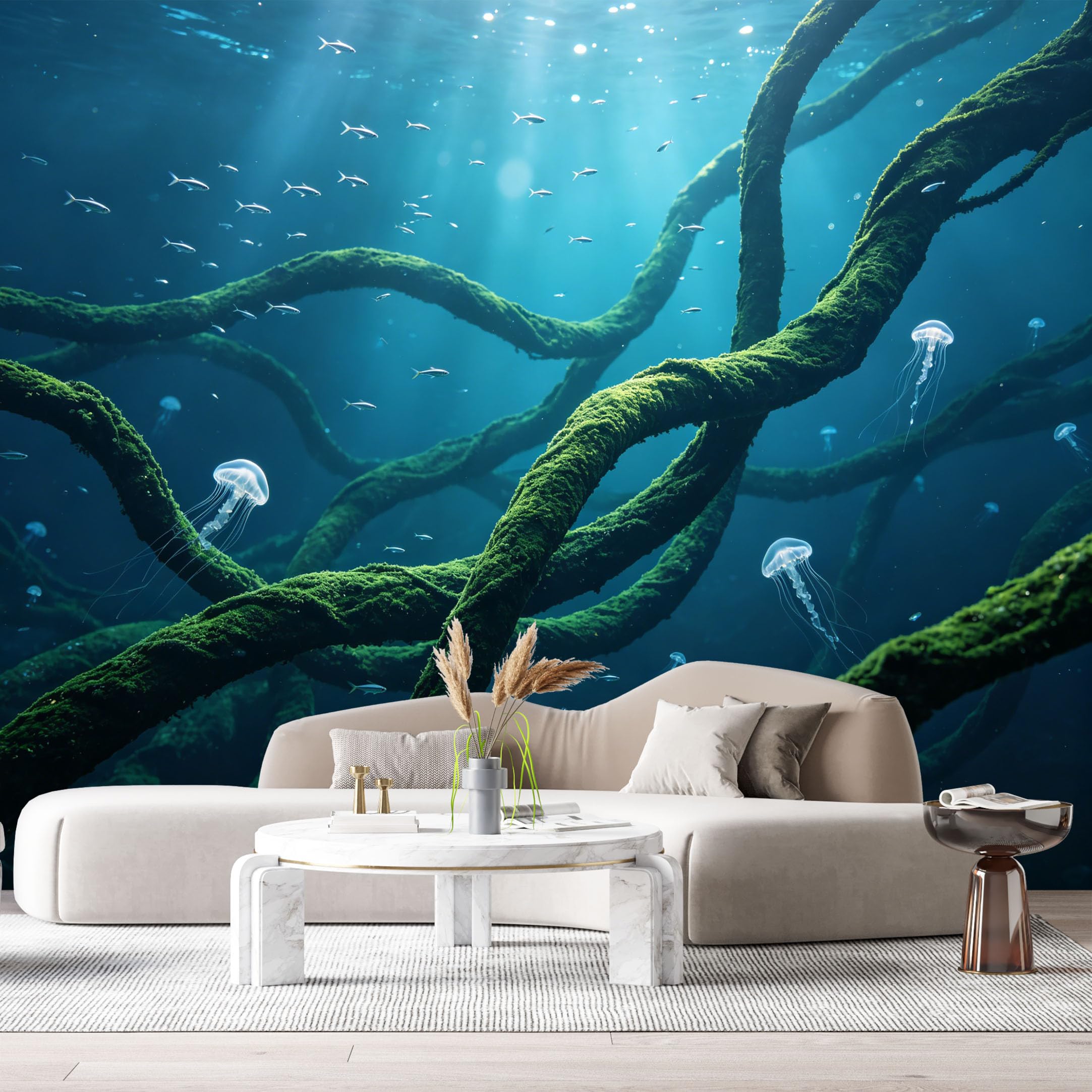 Custom Size Wall Murals Deep Ocean Marine 3D Underwater Jellyfish Bioluminescent Glowing Roots SelfAdhesiveWall Fabric Removable Wallpaper Wall Decor for Living Room Bedroom Bathroom