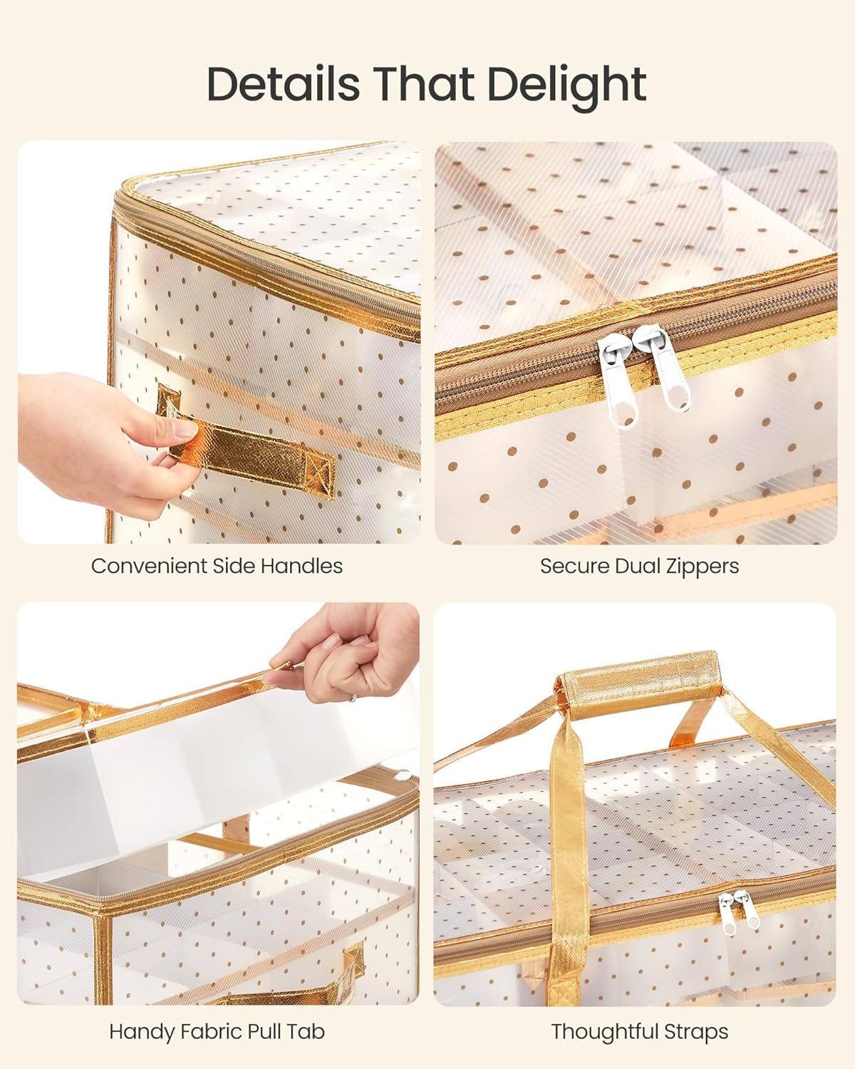 SONGMICS Set of 2 Large Christmas Ornament Storage Boxes, 16 Trays, Hold 256 Balls up to 3-Inch, Plastic Christmas Storage Containers with Lids, Dual Zippers, Side Handles Sandy Gold URFB029A07