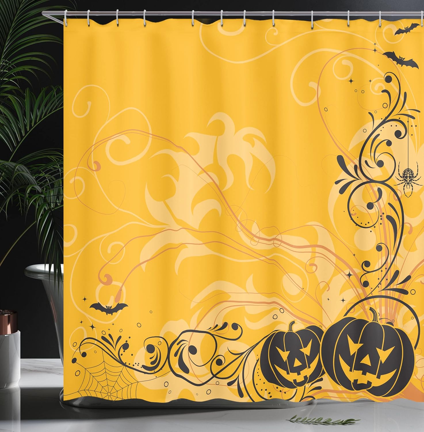 Ambesonne Halloween Shower Curtain, Carved Pumpkins with Floral Patterns Bats and Web Horror Jack o' Lantern Artwork, Cloth Fabric Bathroom Decor Set with Hooks, 69" W x 70" L, Black Orange